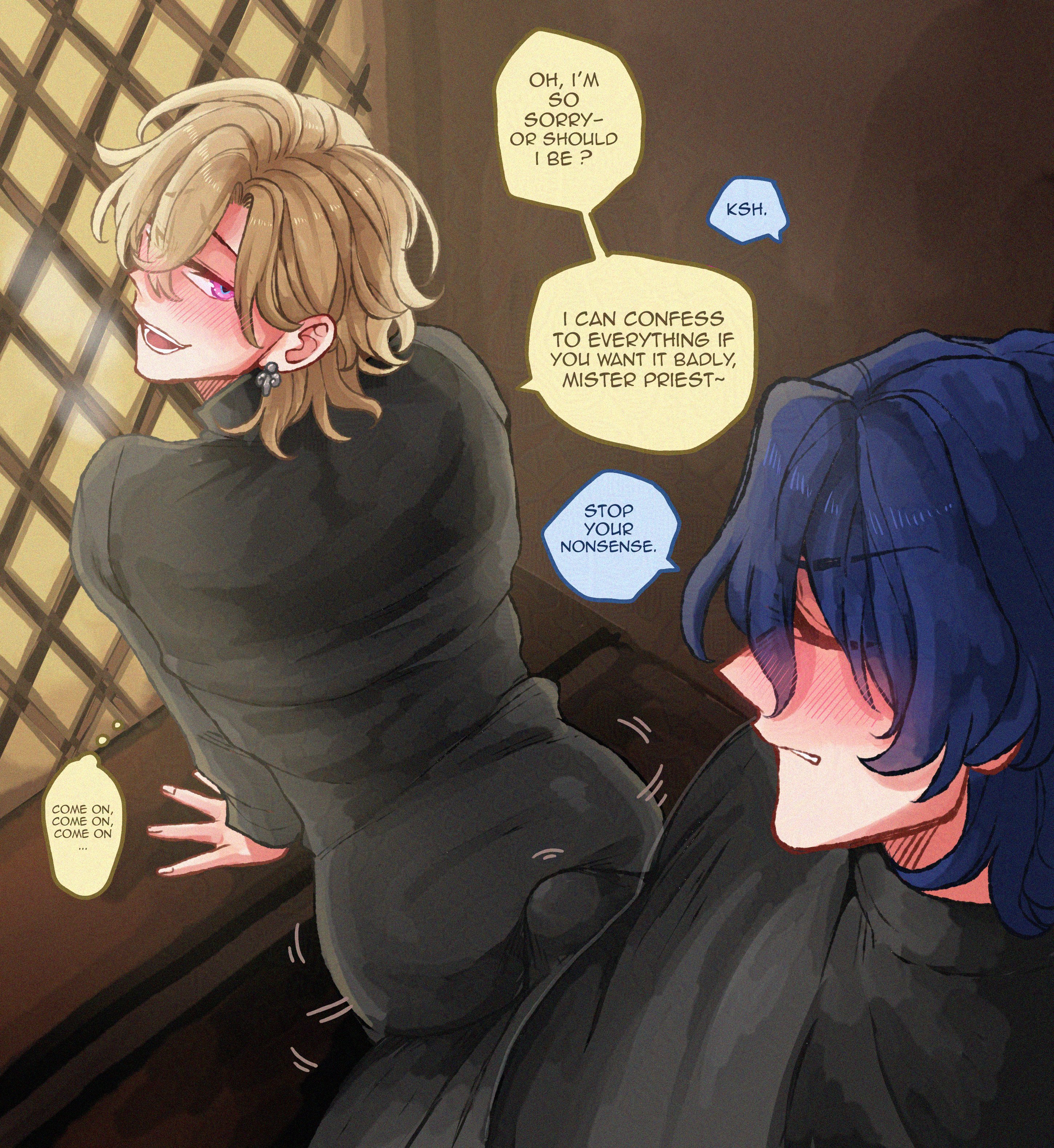 2boys, alternate universe, aventurine (honkai: star rail), blonde hair, blush, church, clothed, confession booth, confessional, corruption, demon, dirty talk, dr. ratio (honkai: star rail), eager bottom, gay, grinding, grinding on penis, grinding through clothes, honkai (series), honkai: star rail, hoyoverse, incubus, male, male only, mihoyo, nonpenetrative sex, penis, priest, purple hair, religion, religious clothing, rubbing, smile, smiling at partner, teasing, tsundere, yaoi