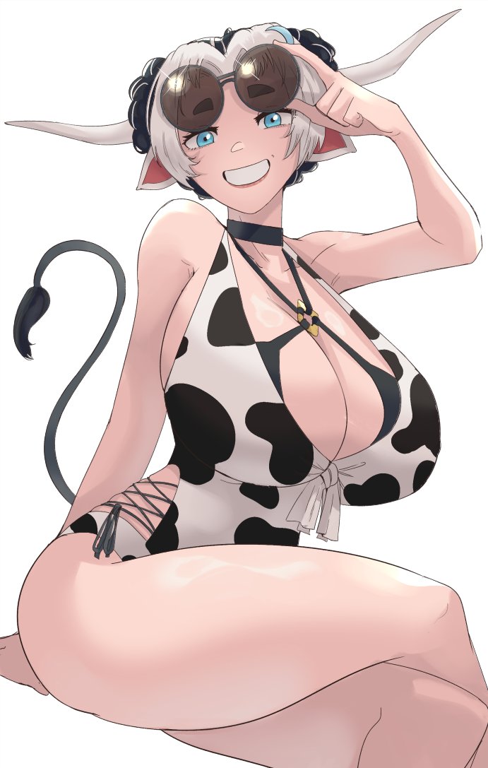 1girls 2024 big_breasts blue_eyes choker commission cow_ears cow_girl cow_horns cow_print cow_print_swimsuit cow_tail crossed_legs eyewear_on_head female female_only horns looking_at_viewer short_hair sitting smiling smiling_at_viewer solo sunglasses swimsuit tail teeth_showing thick_thighs wanderjegson white_background white_hair