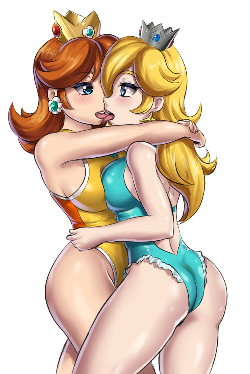 2girls ass blonde_hair blue_eyes blue_leotard breasts brown_hair crown earrings flower_earrings french_kiss french_kissing hug kissing kissing large_breasts leonart leotard long_hair mario_(series) medium_hair nintendo princess_daisy princess_rosalina star_earrings tongue tongue_out yellow_leotard yuri