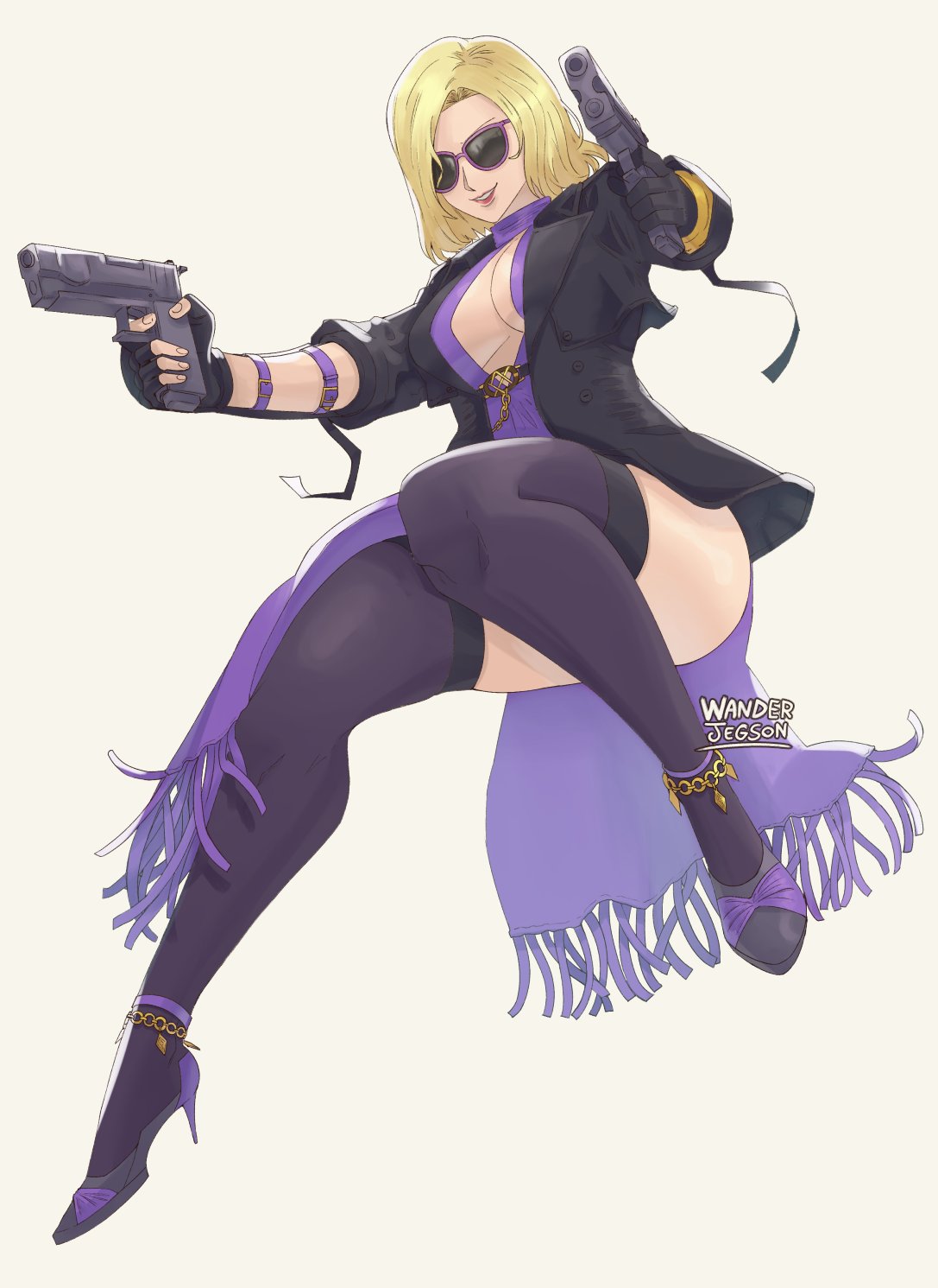 1girls 2024 blonde_hair female female_only handgun heels hi_res jacket medium_hair namco nina_williams smile solo stockings sunglasses tekken tekken_1 tekken_2 tekken_3 tekken_4 tekken_5_dark_resurrection tekken_6_bloodline_rebellion tekken_7 tekken_8 tekken_blood_vengeance tekken_tag_tournament tekken_tag_tournament_2 thick_thighs wanderjegson white_background