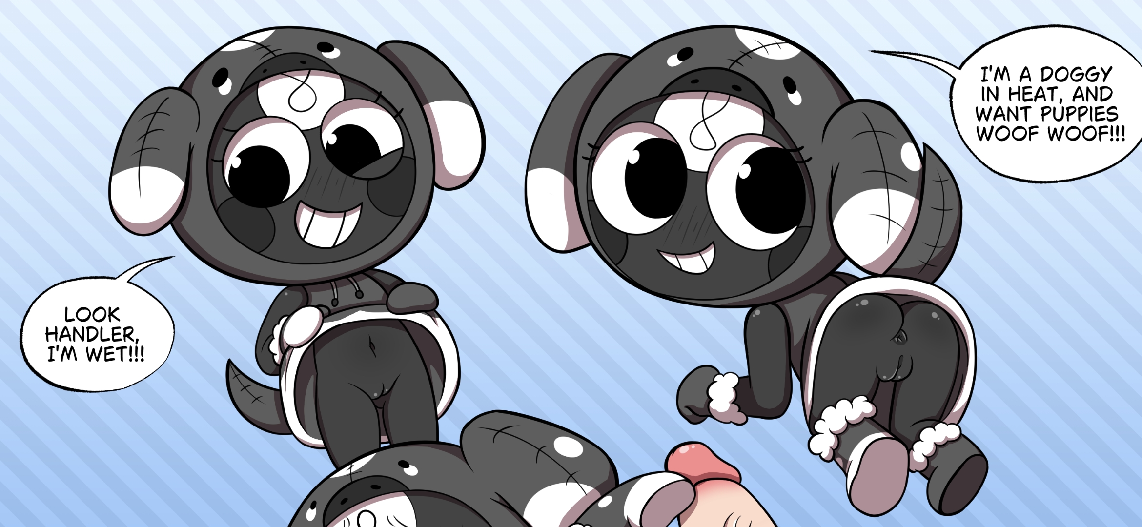 1boy, 1girls, 8-ball (billiard ball), anus, asking for it, cub, cute, dandy's world, dialogue, dog plush onesie toodles, drc1369, funny, happy, lifting own clothes, mascot horror, onesie, penis, pussy, roblox, seductive, showing ass, simple background, taboo, tail, toodles (dandy's world), video games, wanting sex