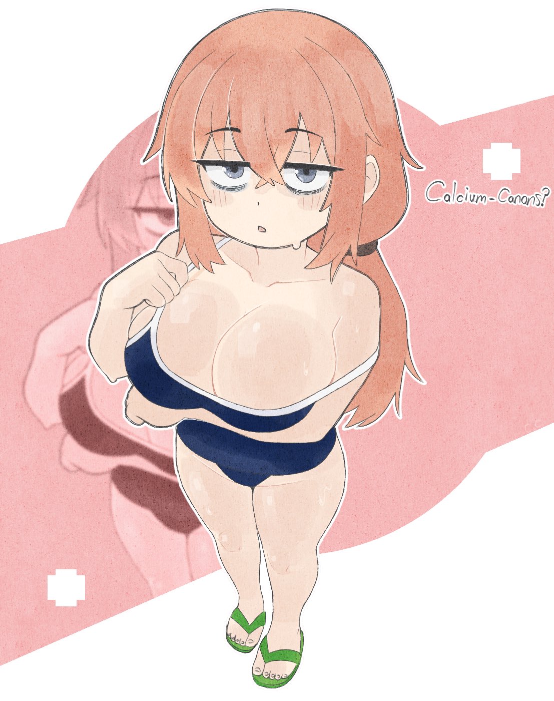 arm_under_breasts bags_under_eyes big_breasts blue_one-piece_swimsuit blush bored breasts champchidi cleavage cleavage_overflow deep_cleavage emotionless feet flip_flops from_above full_body fully_clothed half-closed_eyes komaro-chan looking_at_viewer massive_breasts muchimaro-chan sandals school_swimsuit seitokai_nimo_anawa_aru! small_clothes straps_off_shoulders strawberry_blonde_hair sweat sweatdrop sweating swimsuit swimsuit_pull thighs tight_swimsuit top_heavy