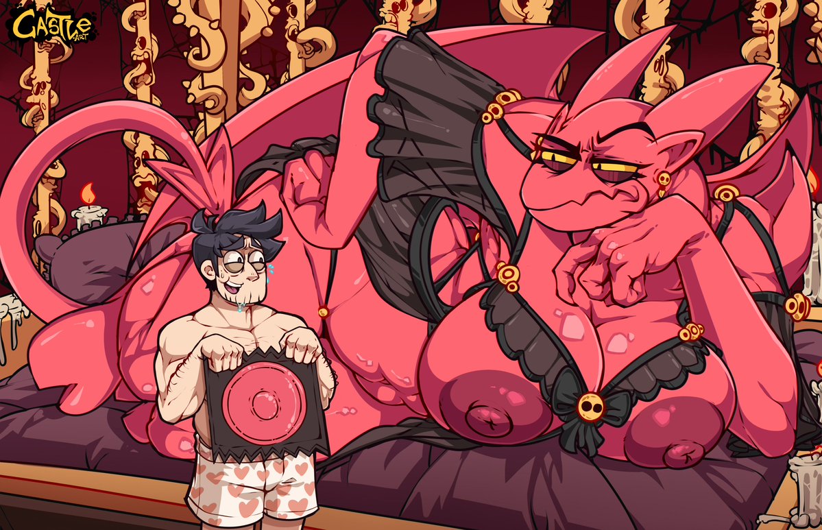 castleart, condom, demon, eyebrow raise, female, horns, huge condom, light skin, light-skinned male, lucia (satina), male, red-skinned female, satina (series), size difference, underwear