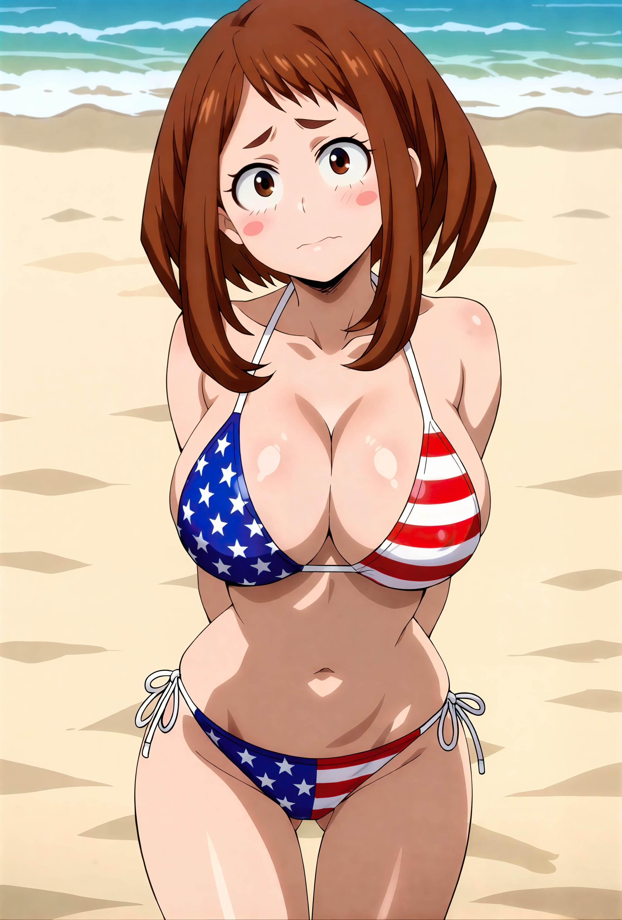 1girls, ai generated, american flag bikini, beach, big breasts, bikini, boku no hero academia, breasts, brown eyes, brown hair, brown-haired female, busty, curvy, cute, female, female only, gigantic breasts, hair, hi res, hips, huge breasts, human, large breasts, looking at viewer, my hero academia, narrow waist, ochako uraraka, slim waist, tagme, thick thighs, upscaled, uraraka ochako, voluptuous, waist, wide hips