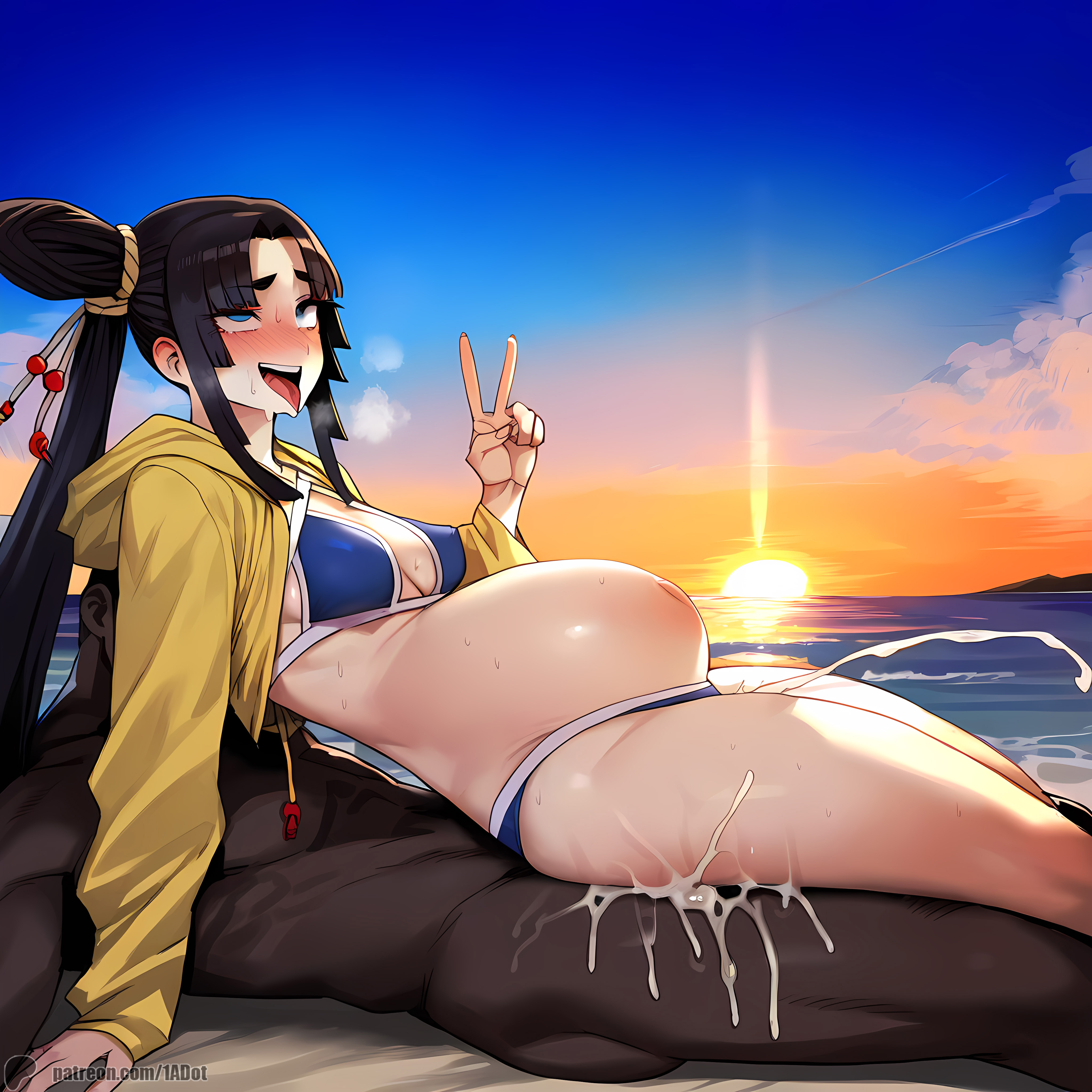 1-a dot, 1boy, 1girls, ahe gao, ai generated, beach, big penis, bikini, breasts, cum, cum inside, cumflated belly, cumflation, curvy figure, dark skin, dark-skinned male, fate (series), fate/grand order, female, from behind position, inflation, interracial, light skin, light-skinned female, male, peace sign, penis, sex, ushiwakamaru (fate), ushiwakamaru (fate/grand order), veiny penis