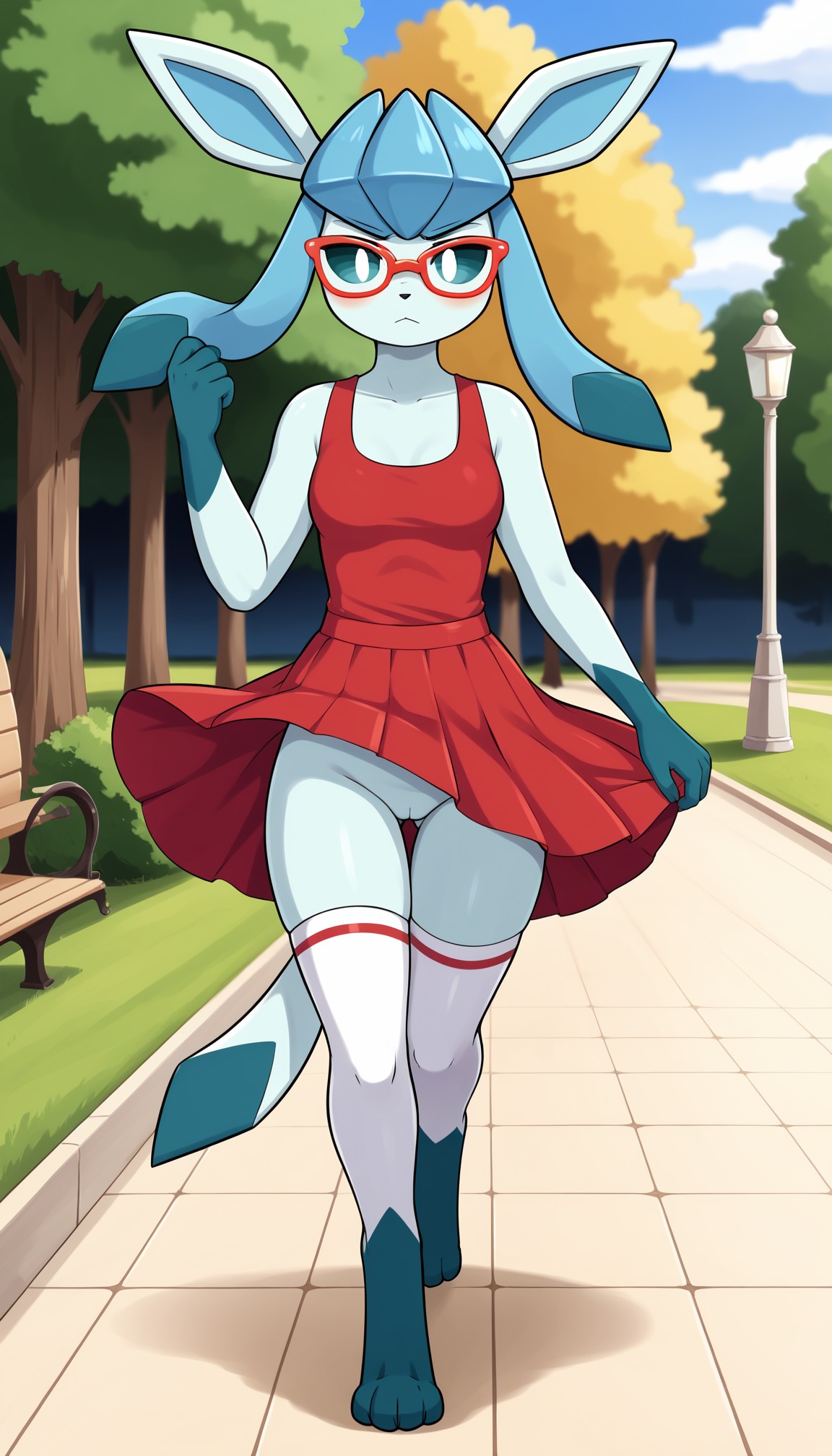 1girls 2024 accidental_exposure ai_generated annoyed annoyed_expression anthro blue_eyes blue_fur blushing bottomless bottomless_female digitigrade dress eeveelution female female_only generation_4_pokemon glaceon glasses hand_on_dress hi_res innie_pussy jpeg looking_at_viewer mostly_clothed nintendo no_panties outdoors park park_bench pokemon pokemon_(species) pussy red_dress thighhighs walking wardrobe_malfunction windy_dress