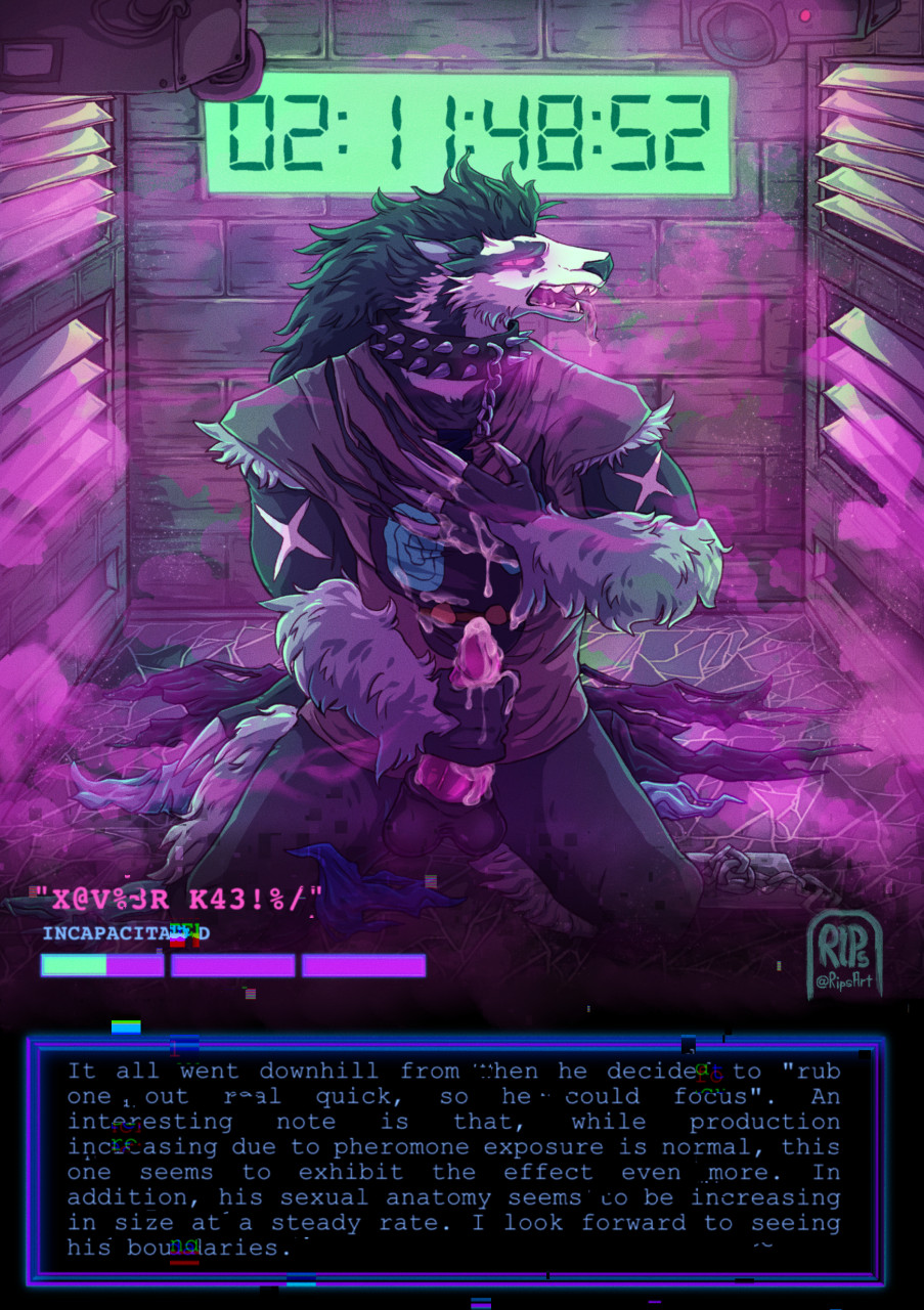 anthro balls bandana being_watched bodily_fluids camera chained chains clothed clothing collar colored cum cum_on_hand cum_on_penis gameplay_mechanics genital_fluids genitals glitch health_bar hi_res kerchief kneeling looking_at_another male masturbation nintendo obstagoon penile penile_masturbation penis pheromones pink_eyes pokémon_(species) pokemon purple_penis rips_(artist) solo text text_box timer torn_clothing trapped vent video_games