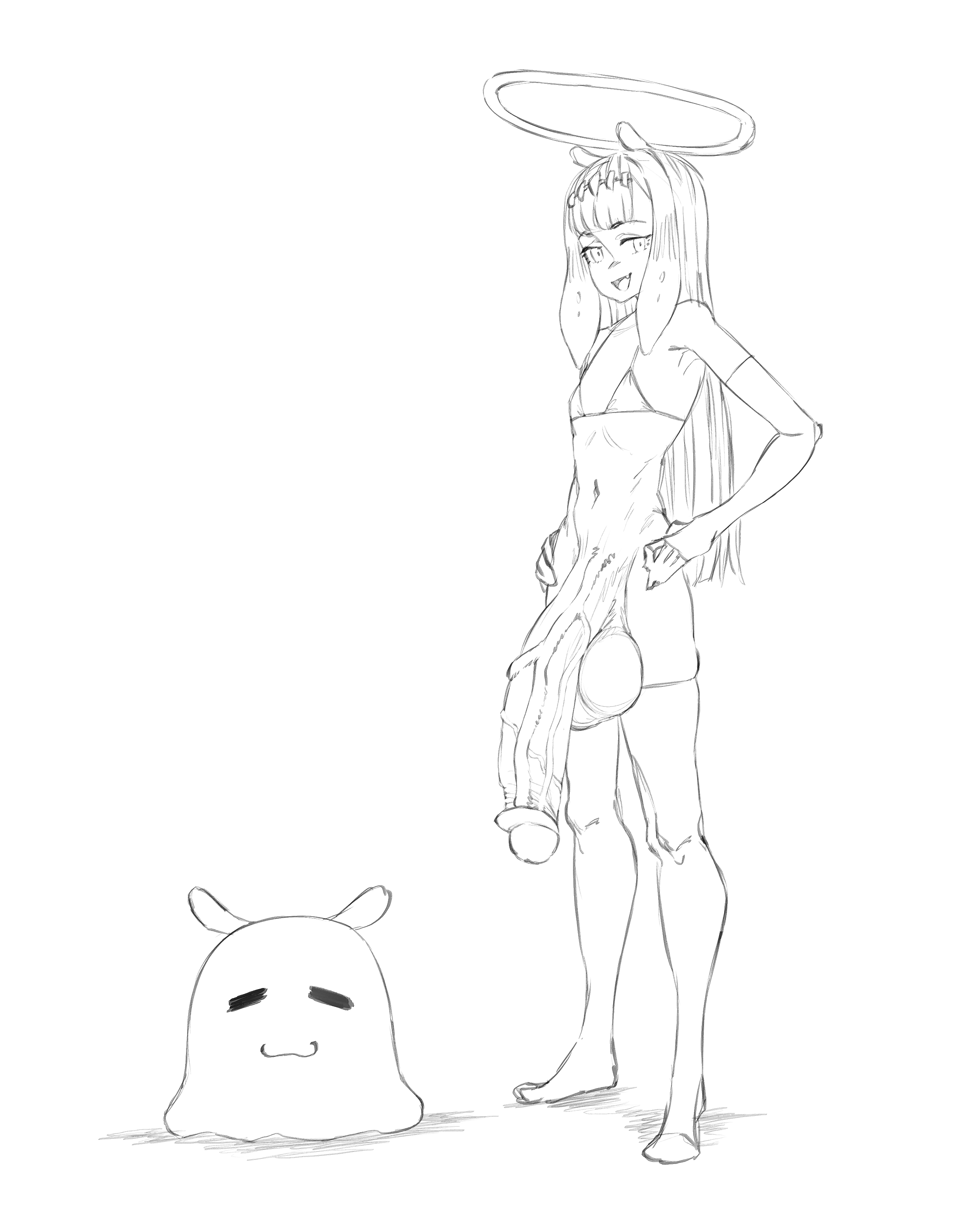 1futa, balls, big balls, big penis, bottomless, breasts, clothed, clothing, erection, fan mascot (vtuber), flat chest, flat chested, futa only, futanari, hololive, hololive english, huge cock, humanoid, humanoid penis, intersex, makinakid, monochrome, mostly nude, ninomae ina'nis, penis, penis to the knees, sketch, small breasts, solo, standing, tako (ninomae ina'nis), veiny penis, virtual youtuber
