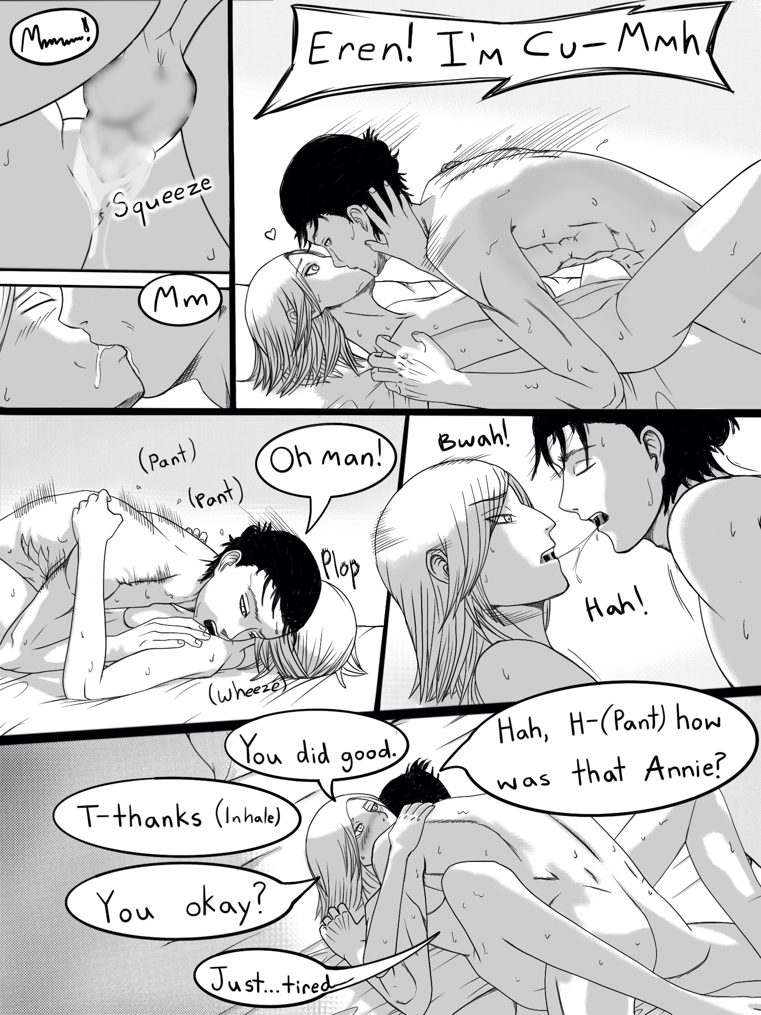 1boy, 1girls, abs, after sex, annie leonhardt, attack on titan, bed, black and white, blush, breasts, climax, comic, crimson loba, cum, cumming, cumming together, english text, ereannie, eren jaeger, female, female ejaculation, hair bun, hands on hips, kissing, knees up, long hair, male, medium breasts, missionary position, nipples, nude, nude female, nude male, on bed, penis, pussy, saliva trail, sex, shingeki no kyojin, skinny, sweat, text, vagina, vaginal penetration, vaginal sex