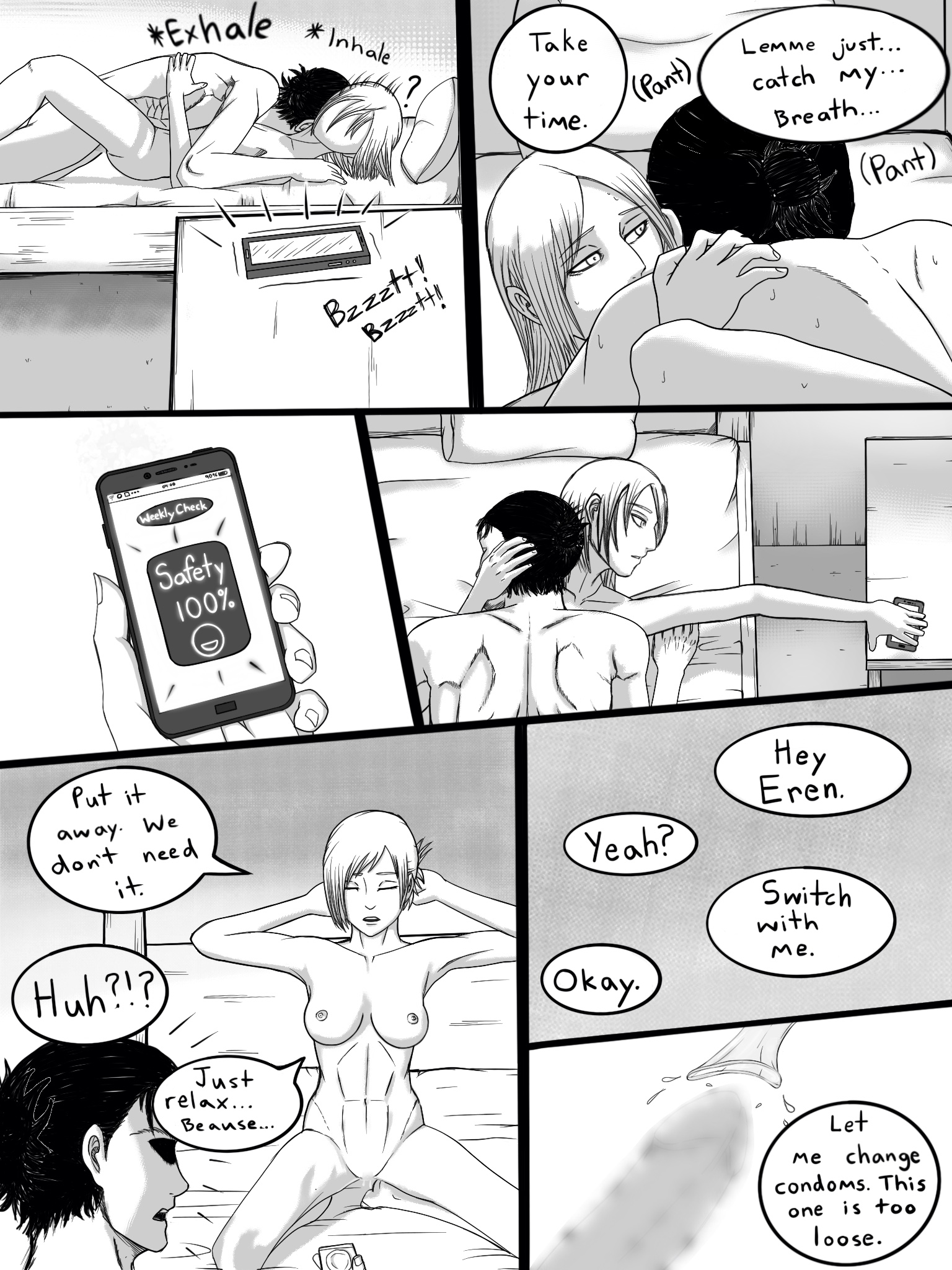 1boy, 1girls, abs, after sex, alternate universe, annie leonhardt, athletic, athletic female, athletic male, attack on titan, bed, bedroom, black and white, breasts, cellphone, chiseled abs, chiseled body, comic, condom, condom removal, crimson loba, english text, ereannie, eren jaeger, female, female abs, fertility, fit, fit female, fit male, hair bun, hair down, hands on hips, hugging, imminent second round, imminent sex, knees up, long hair, male, medium breasts, missionary position, modern au, modern setting, muscular, muscular abdomen, muscular abs, muscular male, nipples, nude, nude female, nude male, on bed, penis, phone, phone screen, pussy, relaxing, sex, shingeki no kyojin, skinny, straight, straight sex, sweat, text, tied hair, tying hair, untied hair, vagina, vaginal penetration, vaginal sex