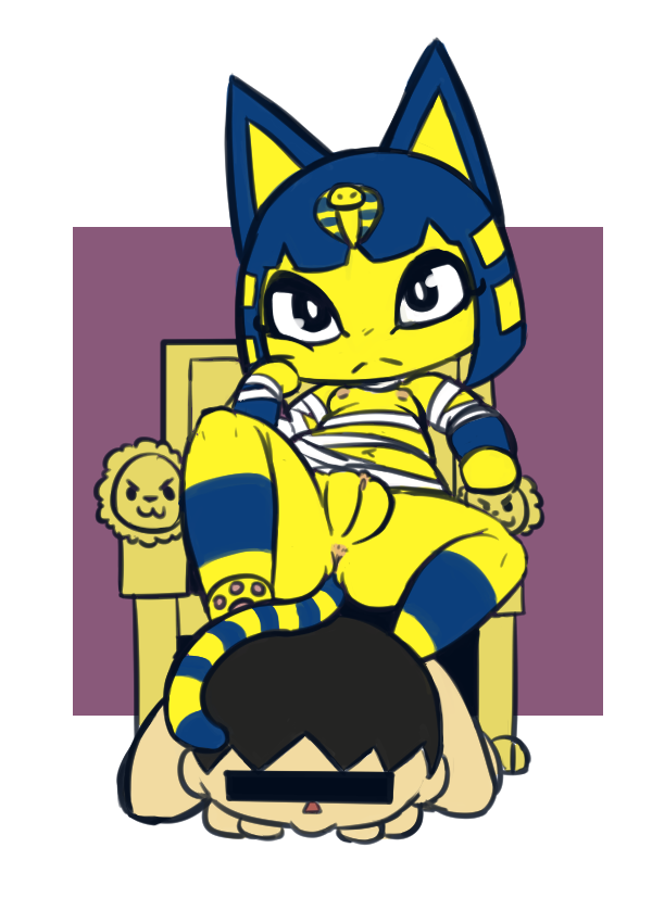 1boy 1girls animal_crossing ankha ankha_(animal_crossing) anthro anus censor_bar censored censored_face degradation domestic_cat dominant dominant_female duo felid feline felis female femdom flat_chested frown fur furry genitals hand_on_face human humiliation looking_at_viewer male male/female mammal mostly_nude naked nintendo nude pussy simple_background sitting submissive submissive_male tail video_games villager_(animal_crossing) vono wraps