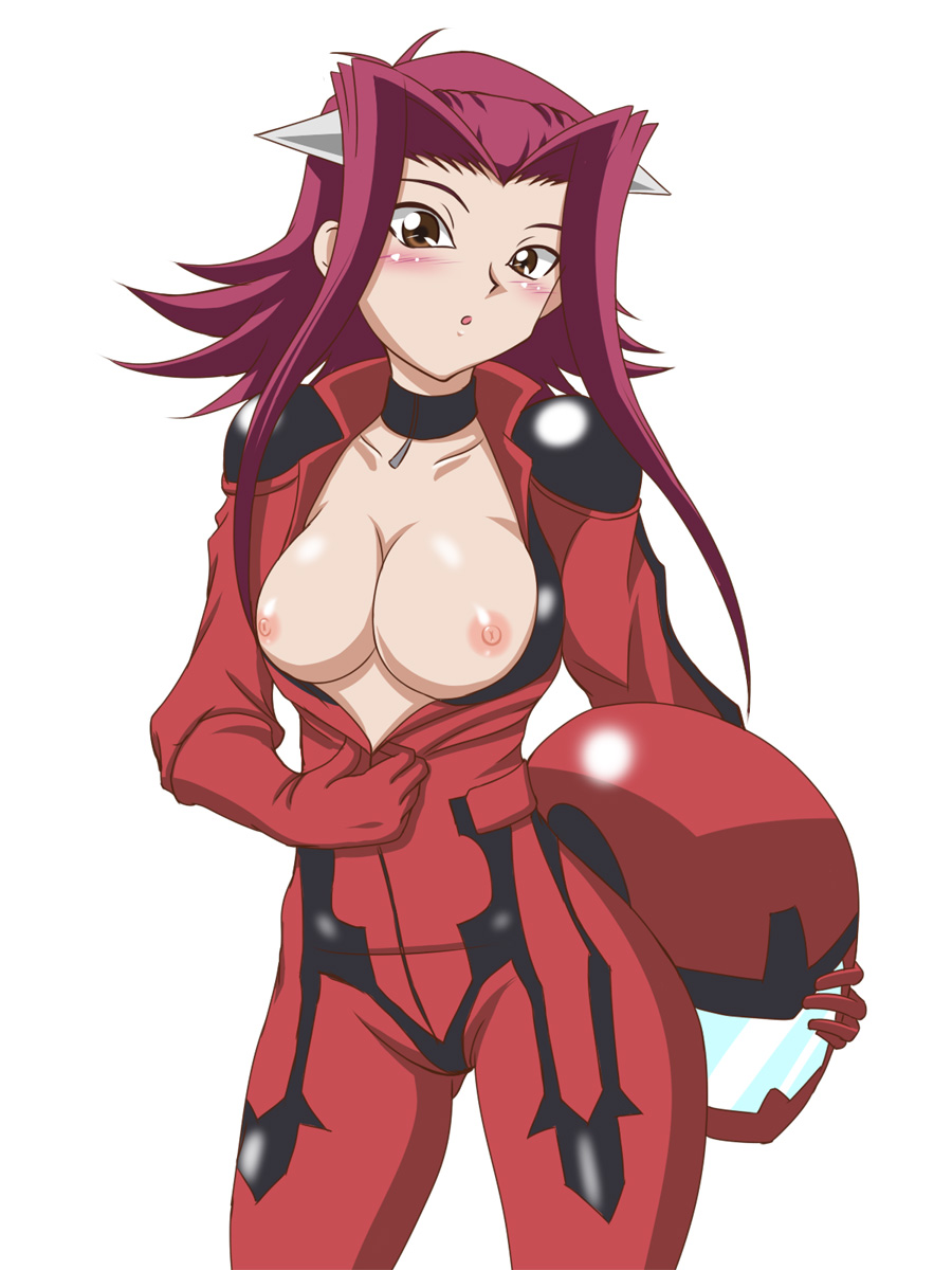 akiza_izinski blush bodysuit breasts brown_eyes catsuit clothing female female_only helmet highres human izayoi_aki jumpsuit looking_at_viewer red_hair solo takappe undressing white_background yu-gi-oh! yu-gi-oh!_5d's
