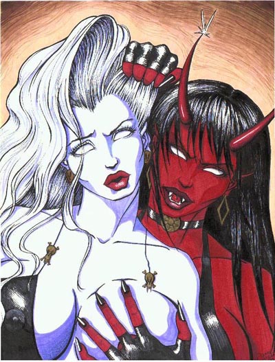 2demons black_nails chaos_comics crossover dazed demon_girl horns lady_death purgatori sharp_nails tagme yuri