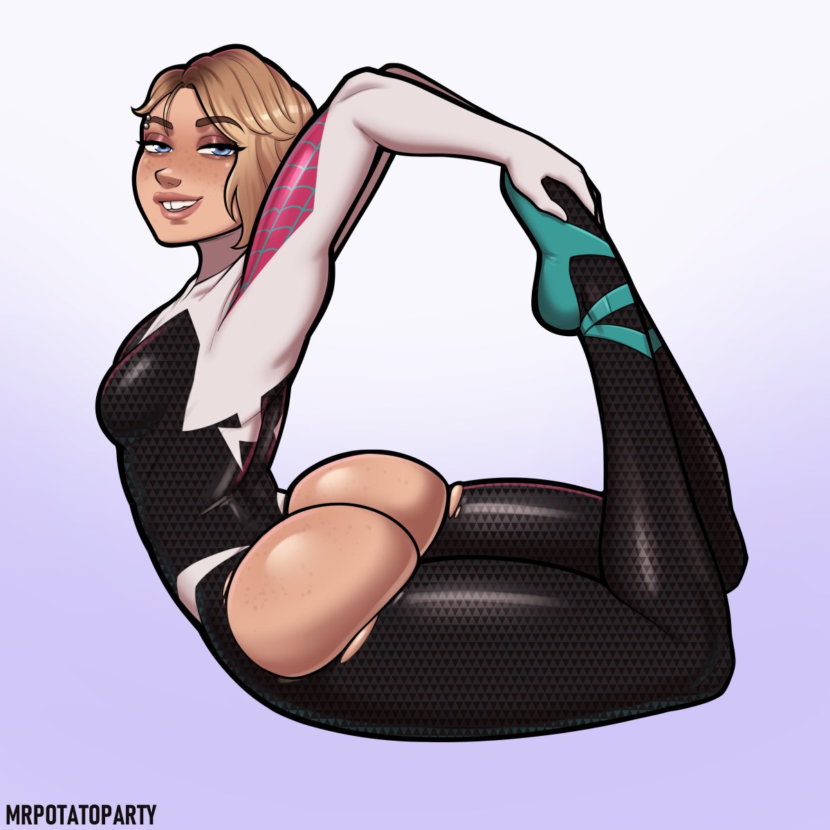 1girls, 2d, 2d (artwork), ass, big ass, big butt, blonde hair, blue eyes, commission, eyebrow piercing, female, female only, flexible, gwen stacy, higher resolution available, human, looking at viewer, marvel, marvel comics, mrpotatoparty, showing off, showing off ass, skin tight, solo, solo female, spandex, spider-gwen, spider-man (series), spider-man: into the spider-verse, superheroine, tooth gap, torn bodysuit, torn bottomwear, torn clothes, torn clothing, torn pants
