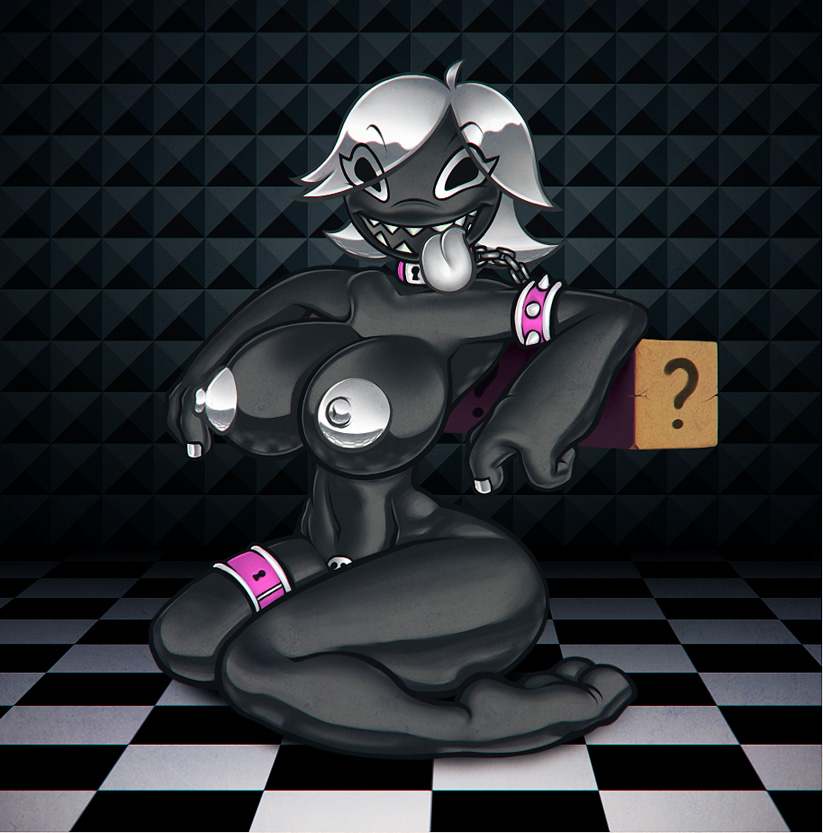 breasts chain_chomp collar female female_only hair large_breasts mario_(series) nintendo nitro sharp_teeth silver_hair silver_nipples solo straight_hair super_mario_bros._3 tongue_out