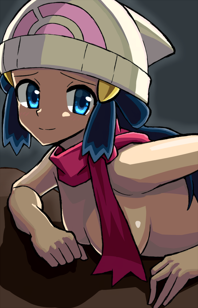 1girls 2018 beanie bent_over blue_eyes blue_hair breasts cleavage covered_breasts dawn_(pokemon) female female_only hair_ornament hat highres human human_only leaning_forward long_hair looking_at_viewer nakaba nintendo nude pokemon pokemon_dppt rock scarf small_breasts smile solo