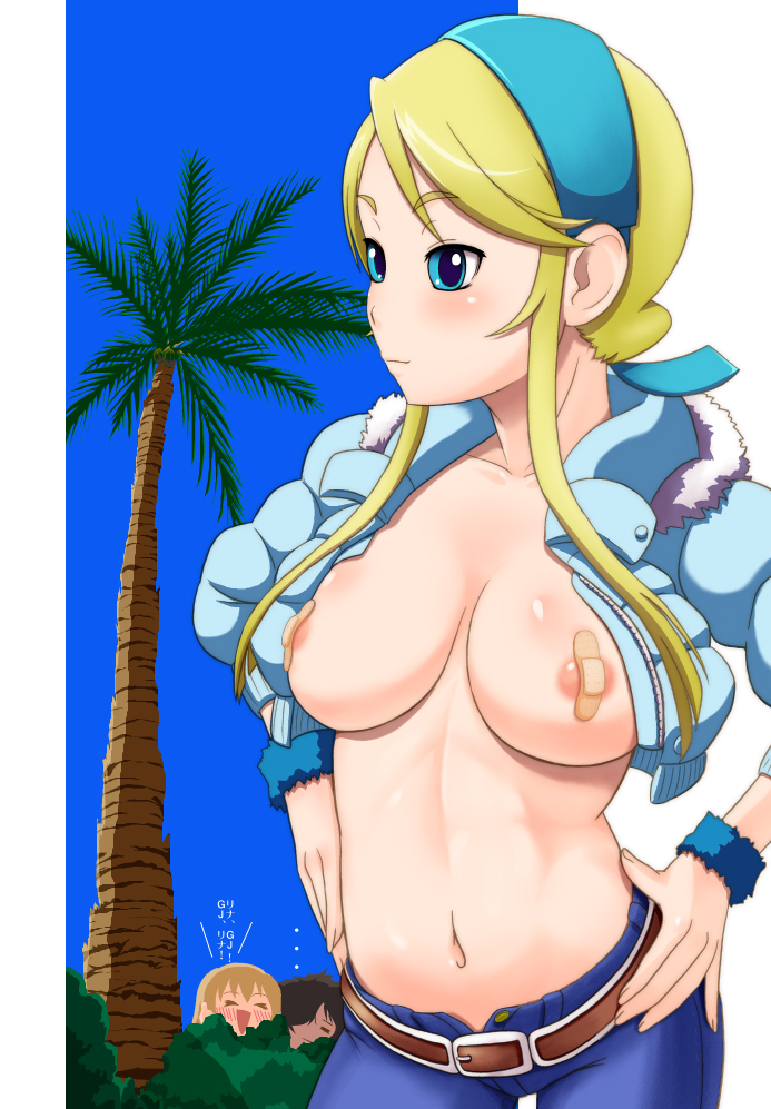 3girls @ma? bandaid bandaids_on_nipples belt blonde_hair blue_eyes blush breasts female female_only hairband hand_on_hip heroman hips jeans joey_jones lina_davis navel open_clothes open_jacket palm_tree pasties psy simon_kaina tomatto_(@ma!) tree