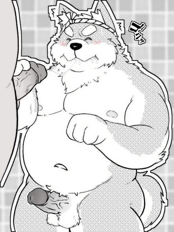 2021 3:4 anthro balls belly blush bodily_fluids canid canine canis closed_eyes cum cum_on_face domestic_dog duo edit genital_fluids genitals goujuyu japanese_text kemono male male/male mammal moobs navel nipples overweight overweight_male penis solo_focus text translation_request uncensored