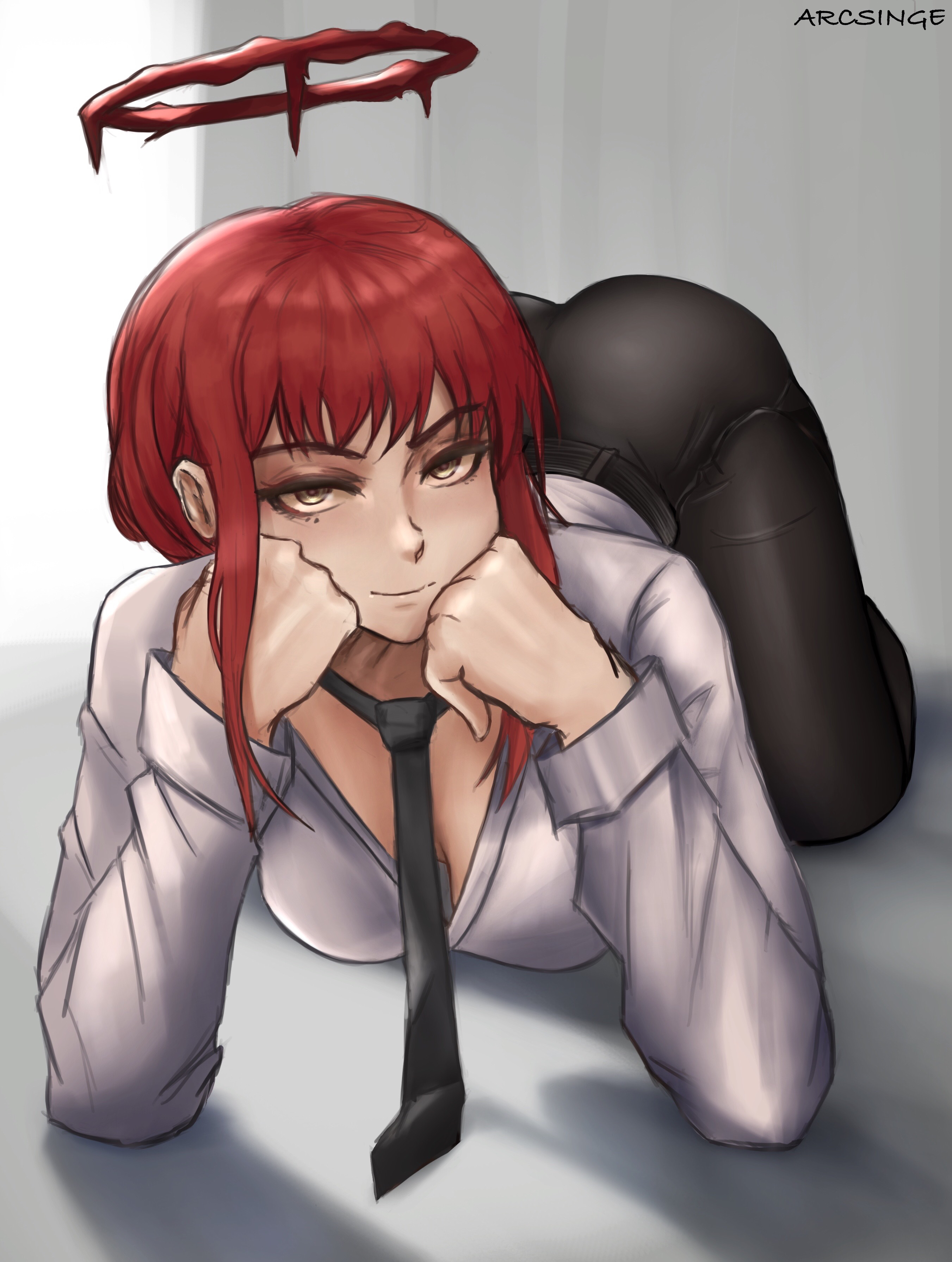 1girls, arcsinge, ass, big breasts, braided hair, breasts, chainsaw man, eye contact, female, looking at viewer, makima (chainsaw man), red hair, thick thighs, thighs, tight clothing, yellow eyes