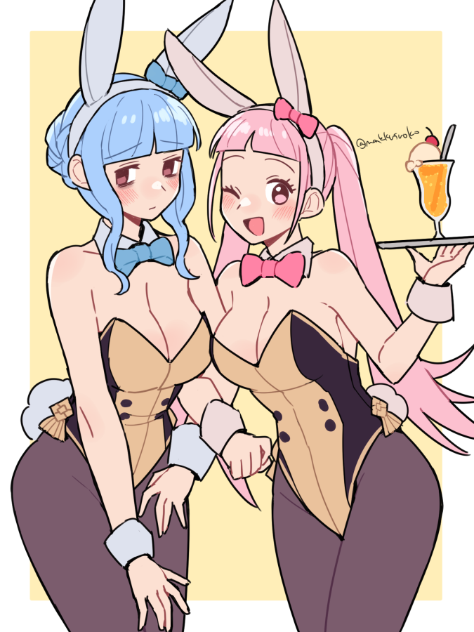 2girls alternate_costume animal_ears arms_linked artist_name bangs bare_shoulders blue_hair blunt_bangs blush border bow bowtie breasts bunny_ears bunny_girl bunnysuit character commentary_request commission cowboy_shot detached_collar do_m_kaeru eyebrows_visible_through_hair fake_animal_ears fake_tail female fire_emblem fire_emblem:_three_houses food garreg_mach_monastery_uniform hairband hilda_valentine_goneril holding holding_tray ice_cream ice_cream_float large_breasts leotard locked_arms long_hair looking_at_viewer marianne_von_edmund multiple_girls nintendo one_eye_closed open_mouth original_character pantyhose pink_eyes pink_hair playboy_bunny rabbit_ears rabbit_tail simple_background sleeveless standing strapless strapless_leotard tagme tail teenager tongue tray twintails twitter_username watermark white_border wrist_cuffs yellow_background