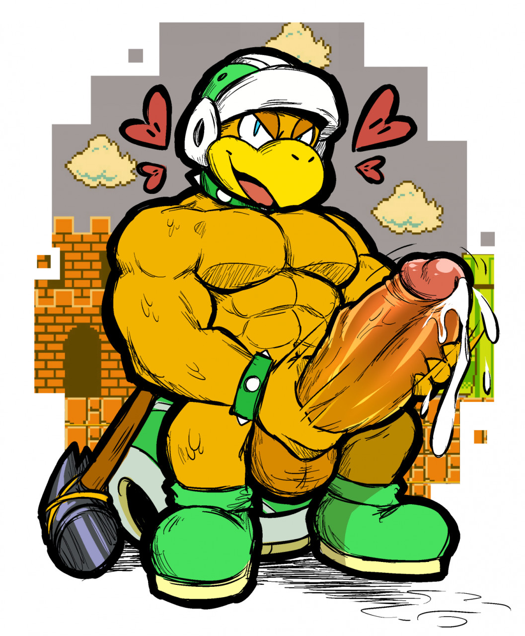 1boy 4_hearts abs anthro armor balls bara big_penis bodily_fluids bracelet clothing collar cum footwear gay genital_fluids genitals hammer hammer_bros. headgear heart hearts helmet hexdisciple hi_res huge_cock humanoid_genitalia humanoid_penis hyper hyper_genitalia hyper_penis jewelry koopa male male_only mario_(series) muscular muscular_male nintendo pecs penis scalie shoes smile solo spiked_bracelet spiked_collar spikes super_mario_bros. super_mario_bros._(nes) tools video_games