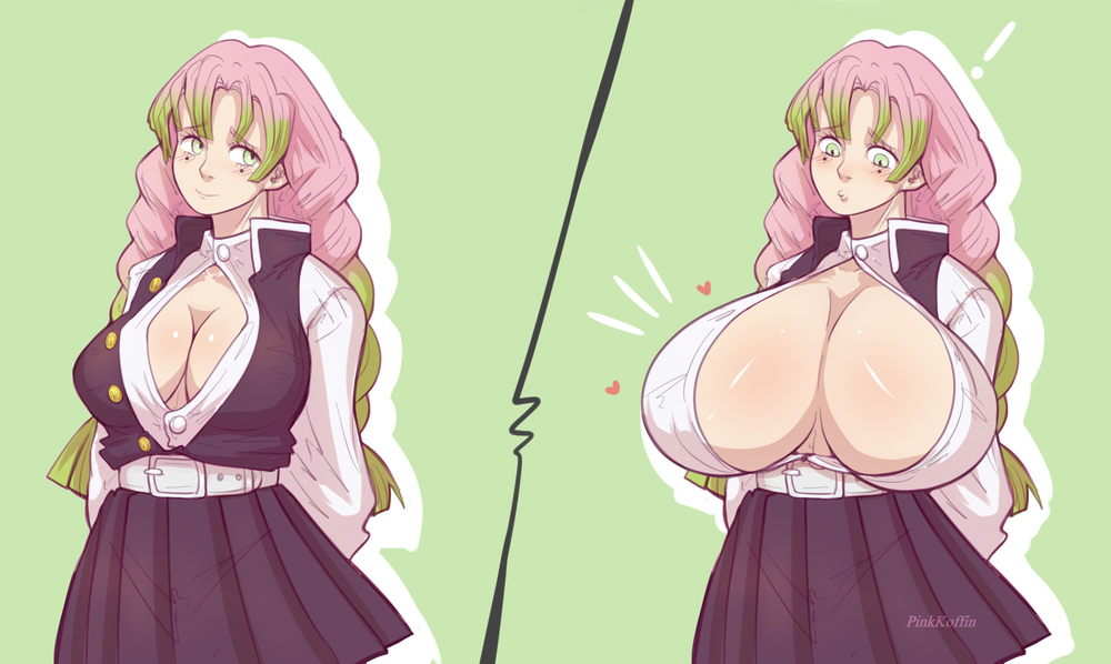 arms_behind_back before_and_after big_breasts blush breast_expansion cleavage demon_slayer enormous_breasts female female_only green_background green_eyes haori huge_breasts impossible_opening kanroji_mitsuri kimetsu_no_yaiba long_hair massive_breasts mole_under_eye no_bra open_shirt pink_hair pinkkoffin smile solo tight_clothing two_tone_hair uniform