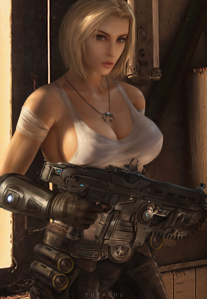 1girls anya_stroud big_breasts breasts female female_only gears_of_war gun large_breasts looking_at_viewer solo tank_top yupachu