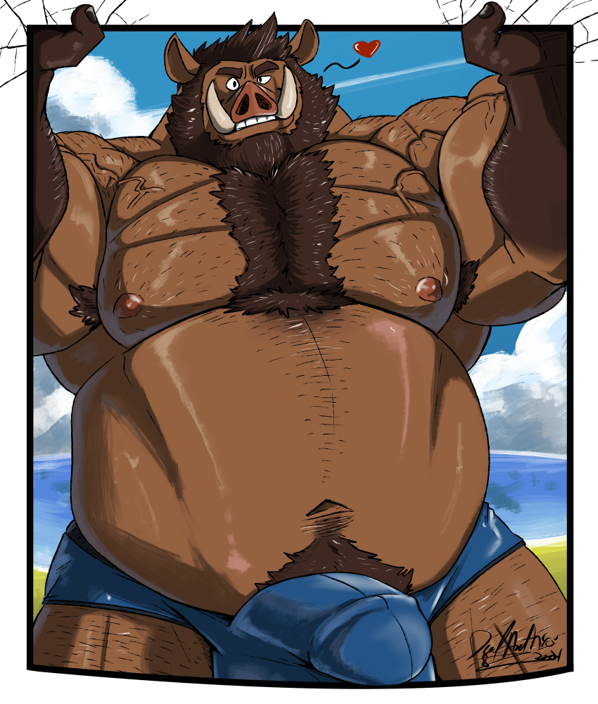 1boy 2021 anthro armpit_hair balls_outline bara barazoku beard big_muscles body_hair bottomwear broody brown_body brown_fur brown_hair bulge chest_hair clothing deadanthro facial_hair fur furry genital_outline hair happy_trail male male_focus male_only mammal musclegut muscular muscular_anthro muscular_male nipples overweight penis_outline pink_nipples pink_nose shorts solo solo_male suid suina sus_(pig) tight_clothing tusks wild_boar