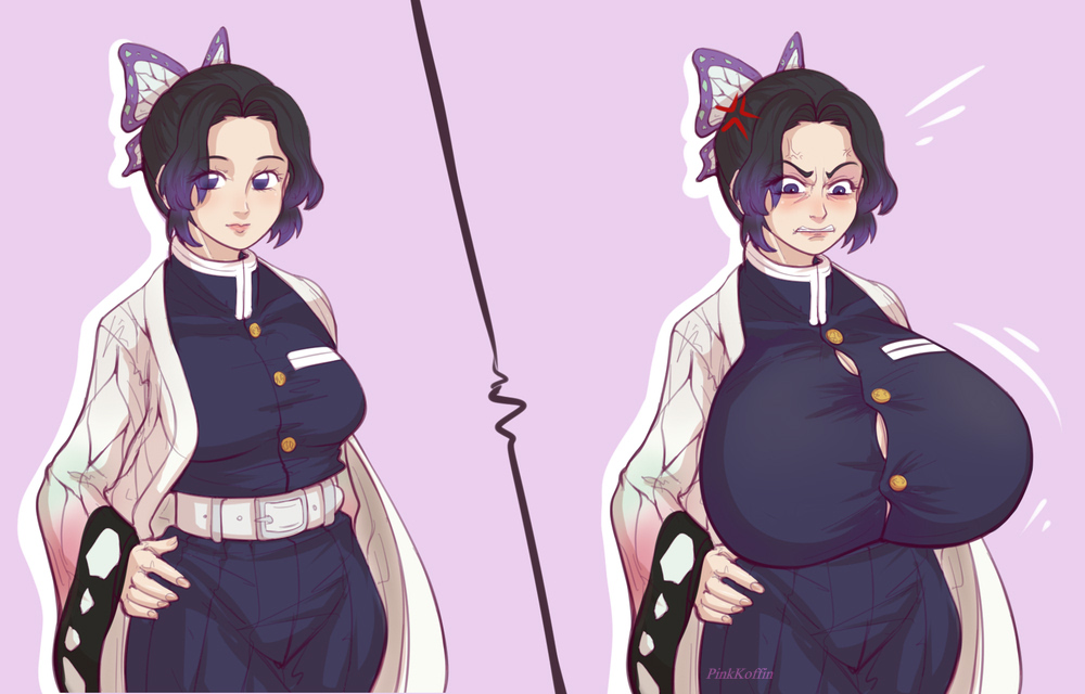 1girls, angry, big breasts, black hair, breast expansion, breast growth, breast growth (enlargement), breasts, butterfly hair ornament, demon slayer, enormous breasts, female, female only, fully clothed, hand on hip, haori, huge breasts, kimetsu no yaiba, kochou shinobu, looking at breasts, looking at viewer, looking down, pinkkoffin, purple background, purple eyes, solo, solo female, straining buttons, tight clothing, two-tone hair, uniform