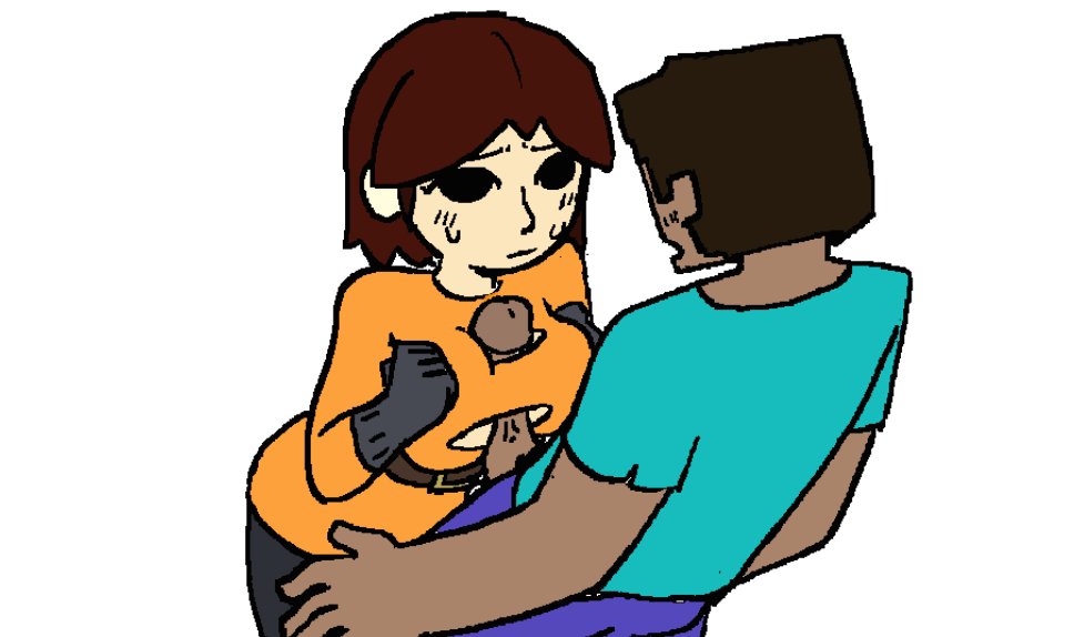 1boy, 1girls, between breasts, black eyes, black gloves, blush, breast squeeze, breasts, brown hair, crossover, dot eyes, erection, female, gloves, looking up, male, male/female, mii, mii gunner, mii gunner (smash 4), minecraft, mob face, nintendo, open mouth, paizuri, penis, spicerice, steve (minecraft), super smash bros., surprised, sweatdrop, torn clothes, torn shirt, white background