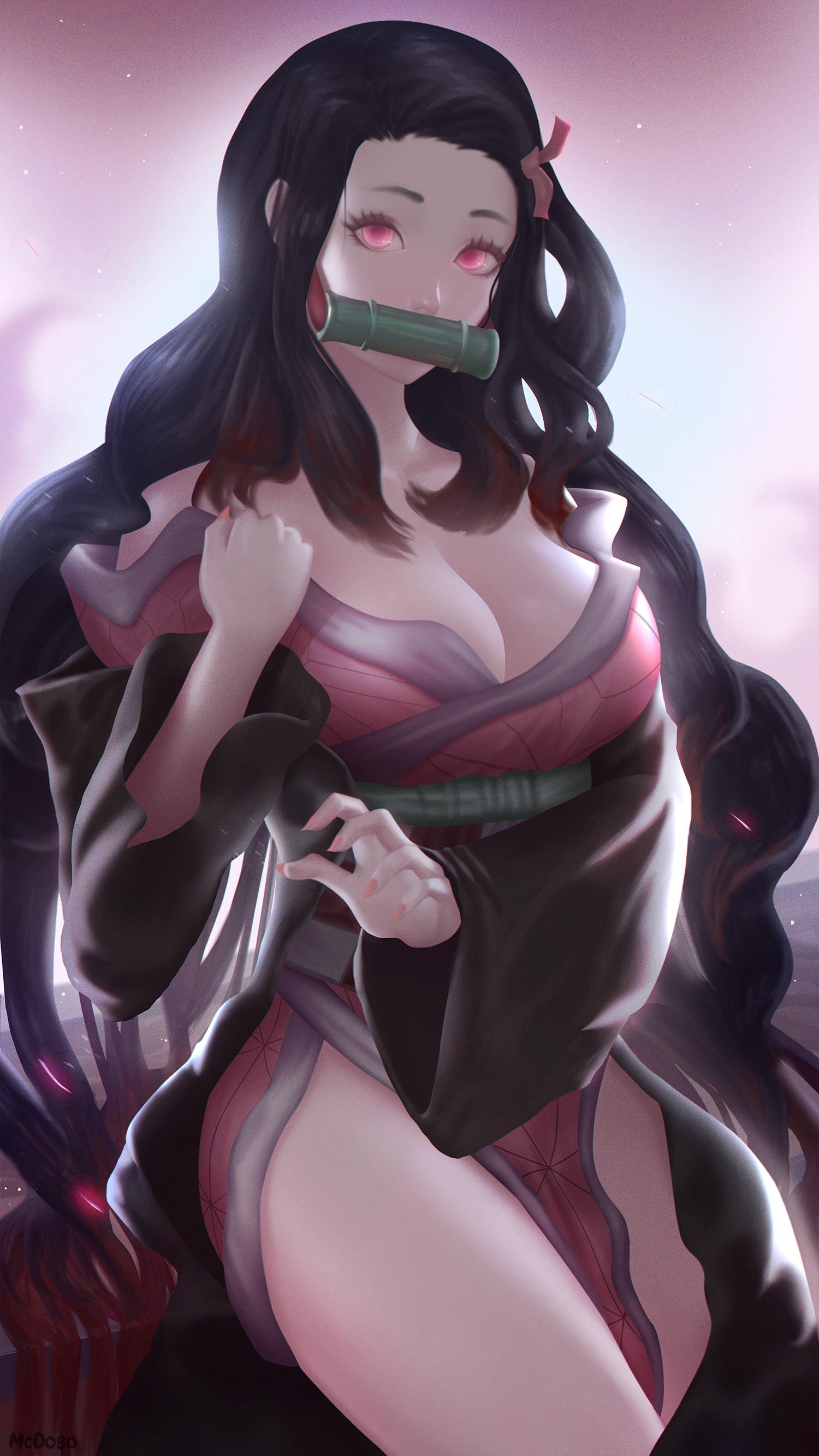 1girls, aged up, bamboo gag, big breasts, black hair, black-haired female, breasts, cleavage, clothed, clothing, demon slayer, eyelashes, female, female only, fingernails, gag, hair ribbon, haori, hips, japanese clothes, kamado nezuko, kimetsu no yaiba, kimono, light skin, light-skinned female, long hair, long sleeves, looking at viewer, looking up, mcdobo, off shoulder, pale skin, pink eyes, pink nails, sharp fingernails, side slit, solo, thick thighs, thighs, two-tone hair, very long hair, wavy hair