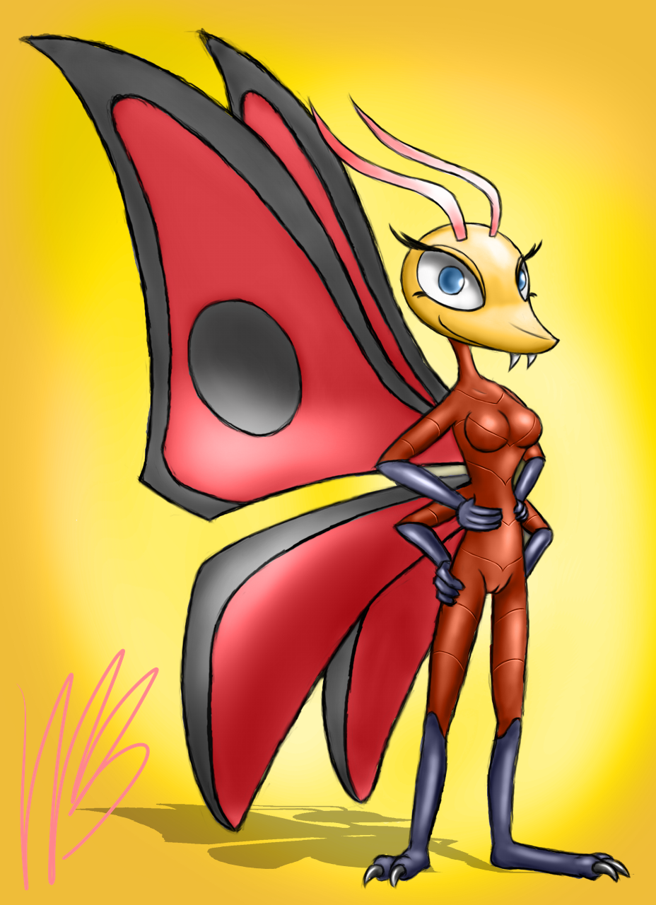 abstract_background antennae_(anatomy) anthro arthropod best_fiends blue_eyes breasts butterfly claws fangs featureless_breasts female genitals hi_res insect_wings insects jojo_(best_fiends) lepidopteran looking_at_viewer maulnarch_blooderfly no_nipples non-mammal_breasts pussy solo video_games wings