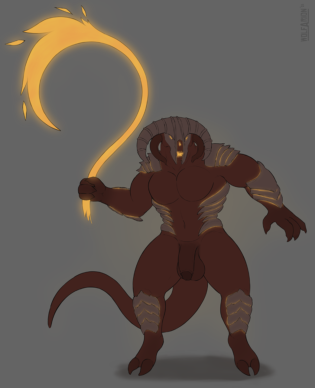 2021 2_toes 4_fingers action_pose anthro armor balrog_(the_lord_of_the_rings) brown_body claws colored demon feet fingers fire genitals glowing glowing_armor glowing_eyes glowing_mouth hi_res holding_object holding_weapon horn humanoid_genitalia humanoid_penis j._r._r._tolkien long_tail looking_aside lord_of_the_rings male melee_weapon middle-earth_(tolkien) muscular penis pose red_body signature simple_background solo standing teeth toes weapon whip wolfarion