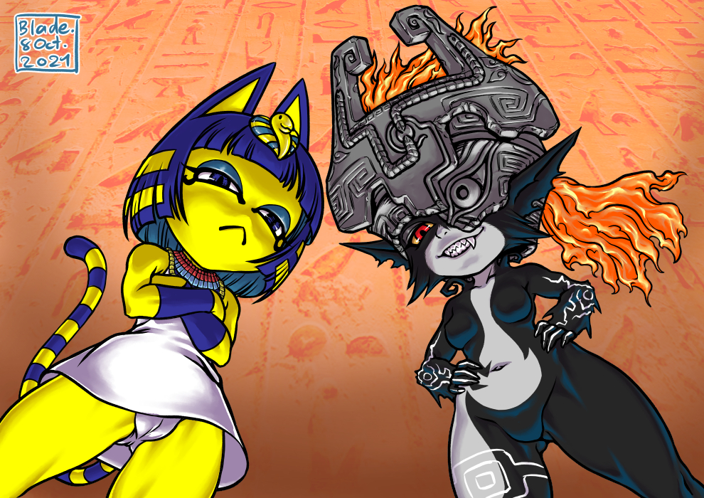 2girls animal_crossing ankha ankha_ride_(minus8) anthro blade_of_fury breasts cameltoe clothing crossed_arms crossover domestic_cat duo featureless_breasts featureless_crotch felid feline felis female female_only genital_outline grin hand_on_hip hieroglyphics humanoid humanoid_pointy_ears imp looking_at_viewer low-angle_view mammal midna multiple_girls nintendo no_nipples panties sharp_teeth smile teeth the_legend_of_zelda twili twilight_princess underwear video_games