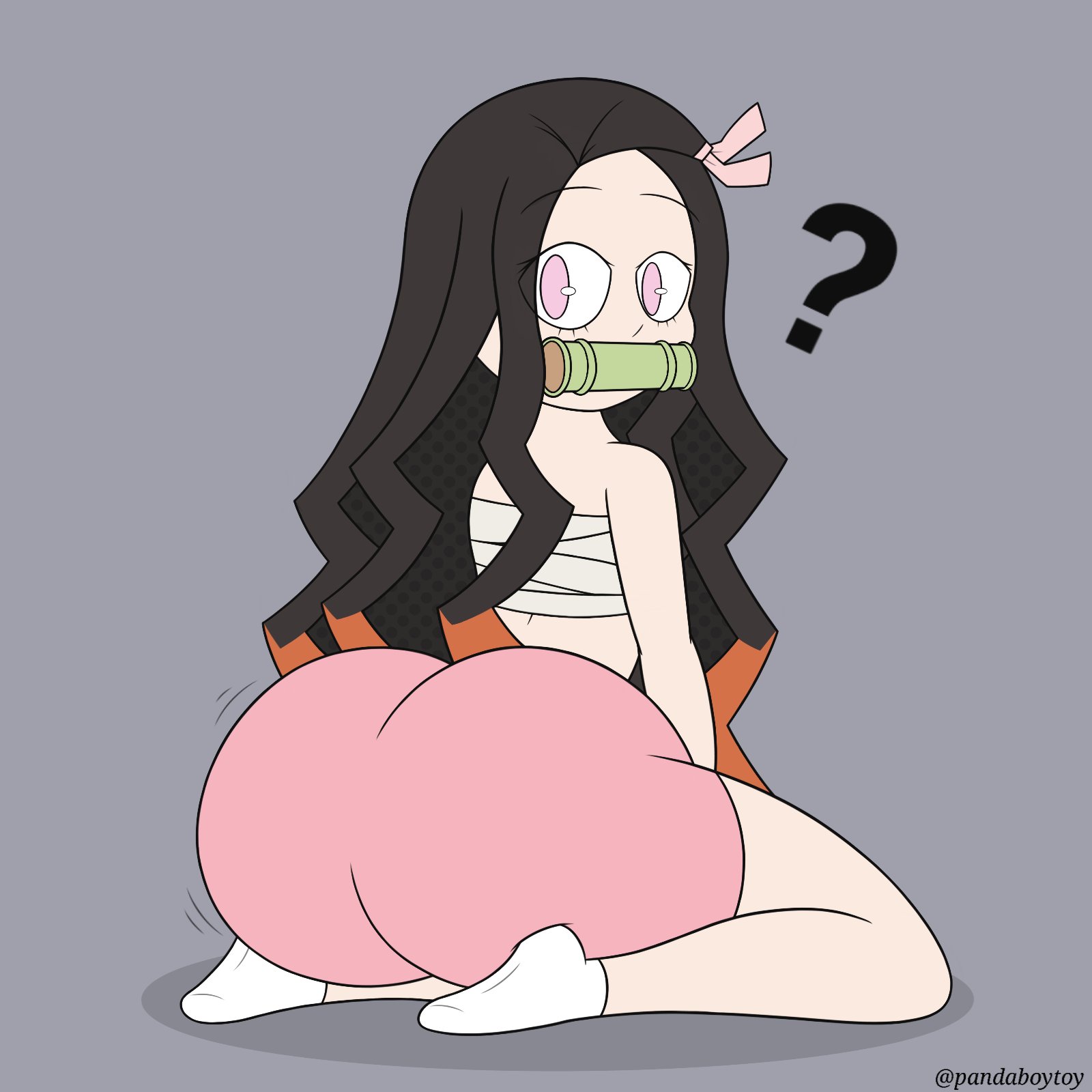?, 1girls, 2021, ass, bandages, bandages around breasts, bandages around chest, big ass, black hair, booty shorts, bow, breasts, chest wraps, cute, demon slayer, female, huge ass, kamado nezuko, kimetsu no yaiba, looking at viewer, looking back, pandaboytoy, pink bow, pink eyes, sarashi, sitting, sitting down, socks, tagme, white socks