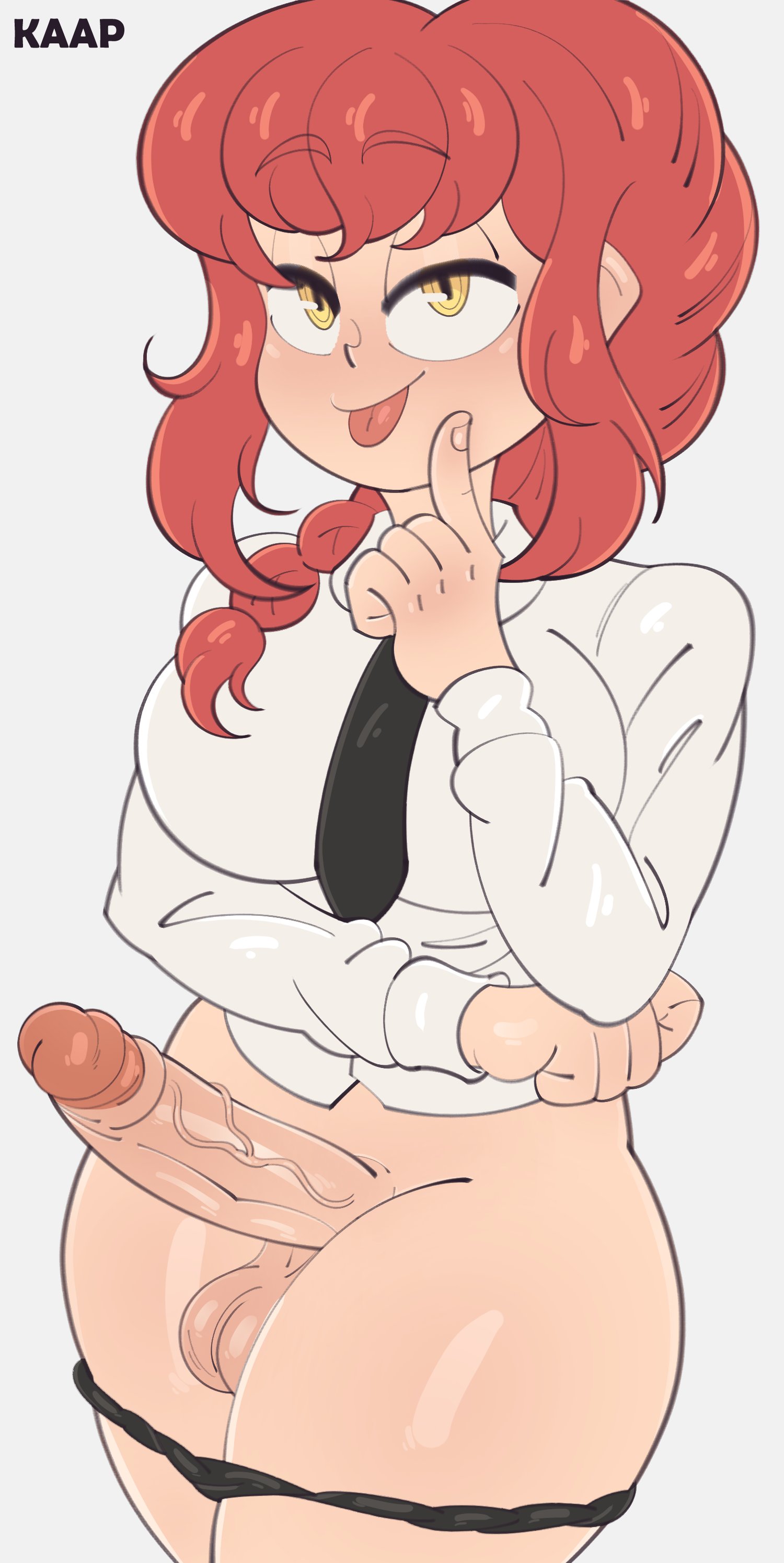 1futa, areolae, balls, big breasts, big penis, bottomless, braided hair, breasts, chainsaw man, clothed, clothing, erection, eye contact, futa only, futanari, human, intersex, kaapcom (artist), large penis, light skin, light-skinned futa, long hair, looking at viewer, makima (chainsaw man), orange eyes, panties, pants down, partially clothed, penis, red hair, solo, standing, testicles, thick thighs, thighs, veiny penis