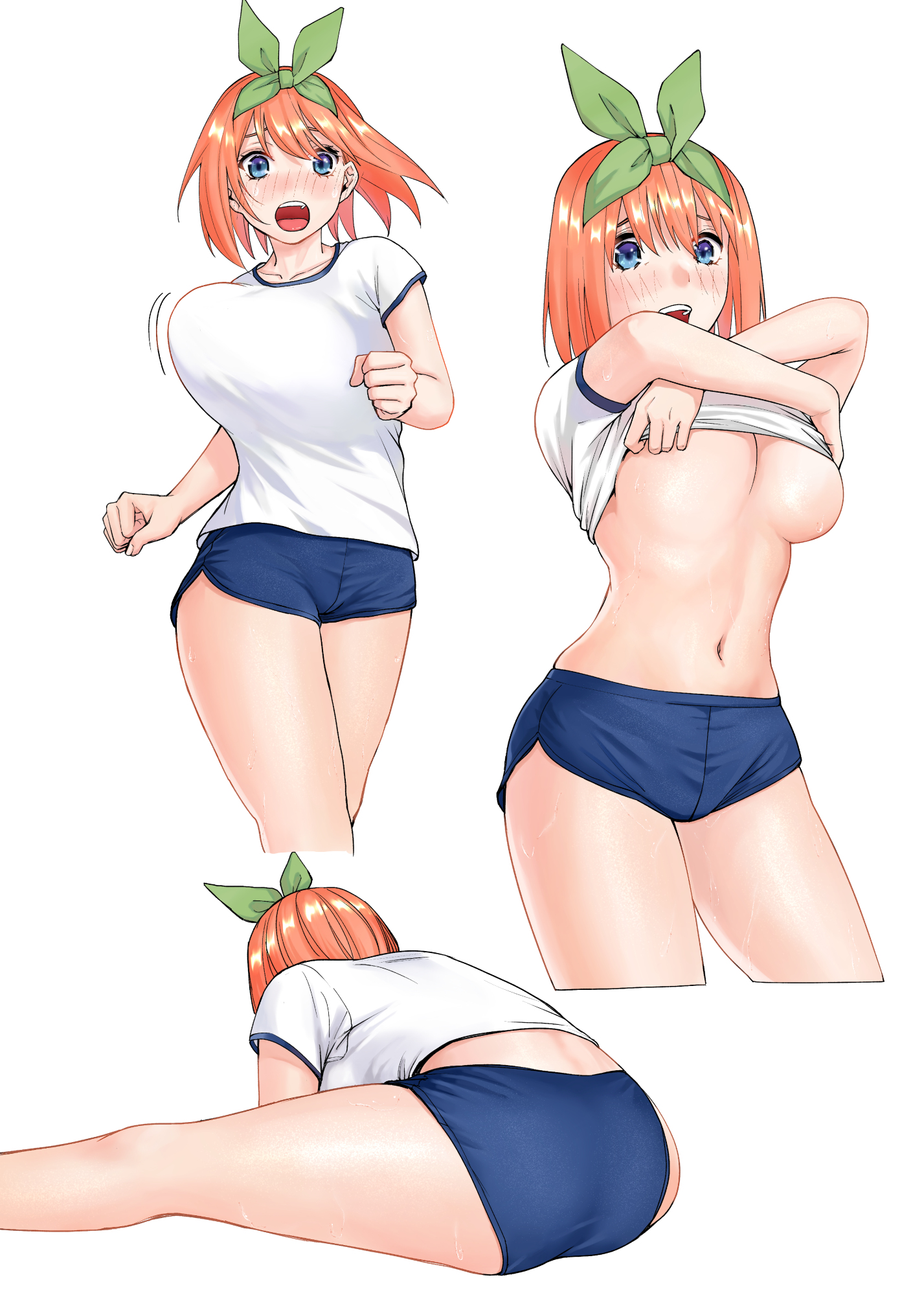 1girls, ass, athletic, athletic female, back view, bangs, bare legs, bent over, big breasts, bloomers, blue eyes, bouncing breasts, breasts, buruma, busty, clothing, clothing lift, cropped legs, female, female only, fit, fit female, front view, go-toubun no hanayome, green hair, gym shorts, gym uniform, hair between eyes, hair ornament, kosmos beta, looking at viewer, midriff, motion lines, multiple views, nakano yotsuba, no bra, no underwear, open mouth, orange hair, ribbon, running, shiny, shiny hair, shiny skin, shirt, shoulder length hair, sitting, skindentation, solo, solo focus, sports uniform, standing, sweat, sweatdrop, tease, teasing, tight clothing, underboob, undressing