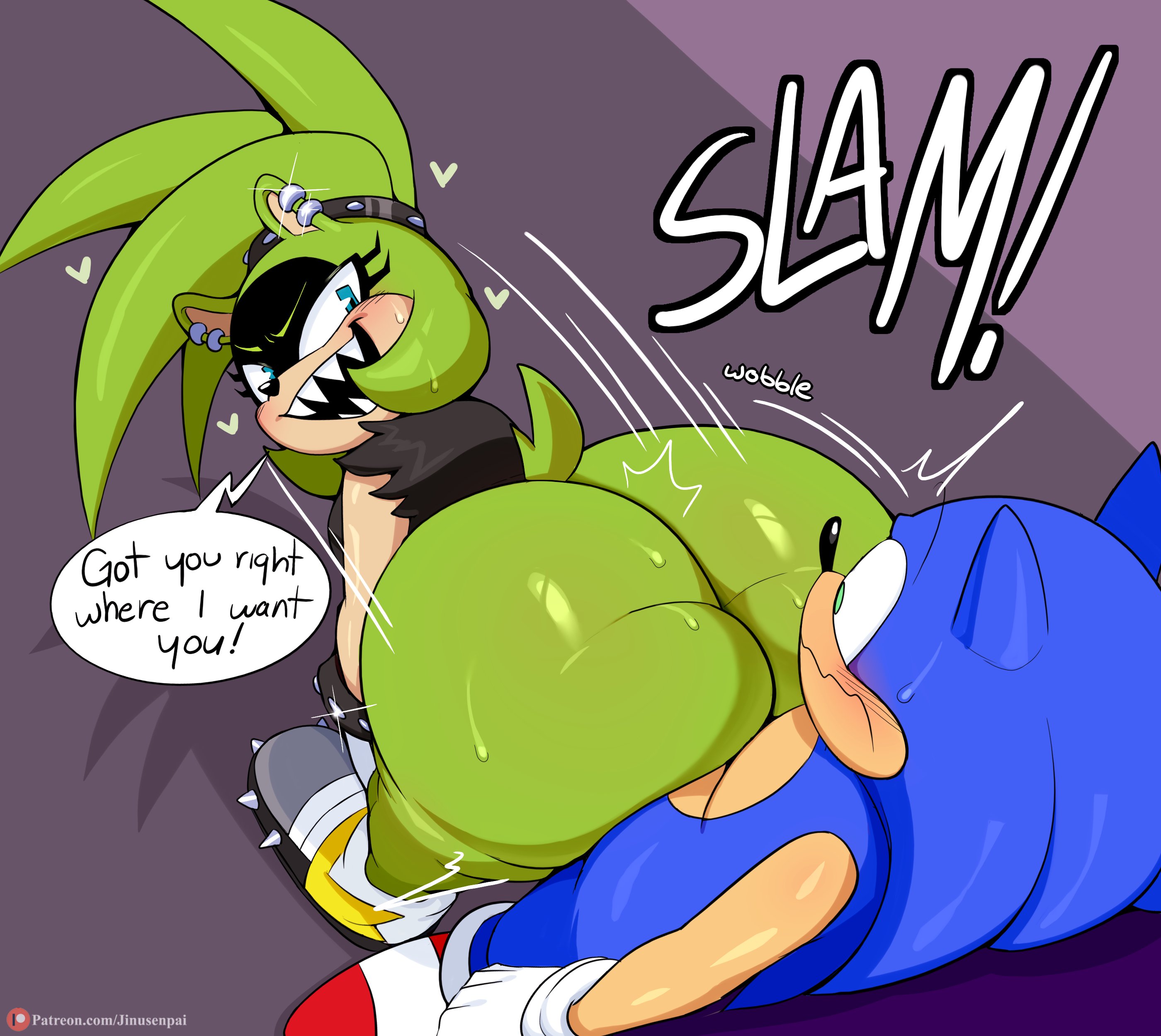 1boy, 1boy1girl, 1girls, 2d, alternate ass size, anthro, ass, ass bigger than head, assjob, big ass, blue body, blue eyes, blue fur, blush, bottom heavy, bottomless, bubble ass, bubble butt, buttjob, clothing, covered buttjob, dialogue, enemies having sex, english text, exposed torso, female, femdom, footwear, furry, green body, green fur, handwear, handwear and footwear only, hot dogging, huge ass, idw comics, idw publishing, jinu, male, male/female, mobian, mobian (species), mobian tenrec, mostly nude, sega, sex, sharp teeth, shortstack, sonic (series), sonic the hedgehog, sonic the hedgehog (comics), sonic the hedgehog (idw), sonic the hedgehog (series), speech bubble, straight, straight sex, surge the tenrec, sweat, sweaty ass, tail, text, thick ass, thick thighs, thighs, twerking