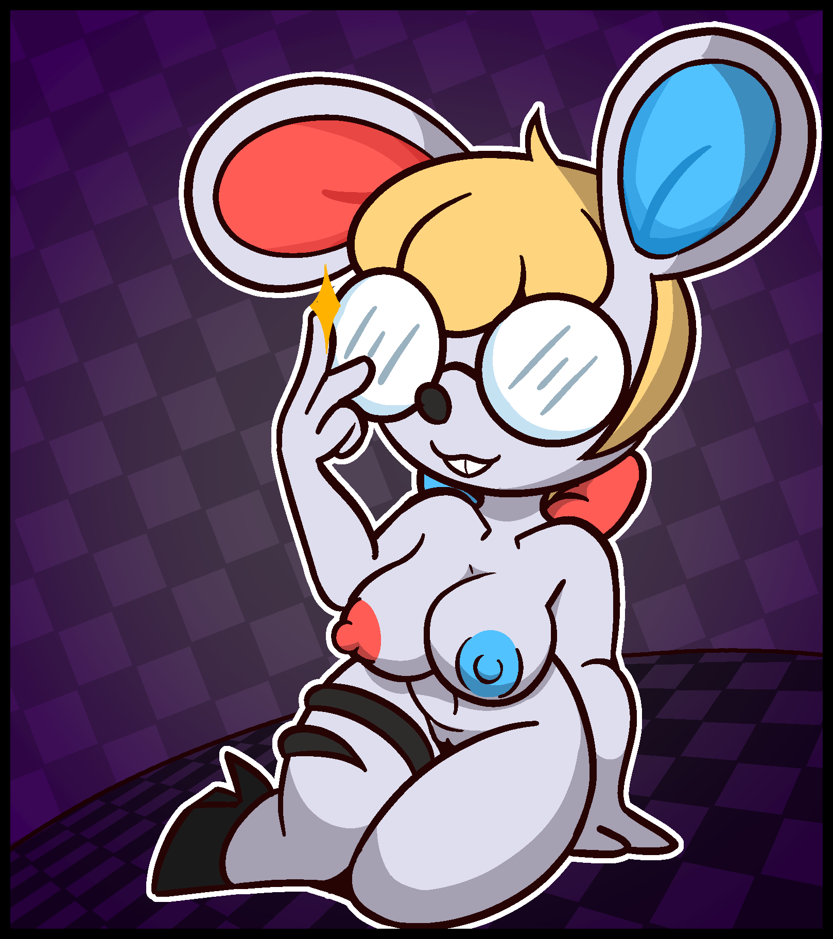 animal_crossing anthro big_breasts black_border border breasts buckteeth checkered_background eyewear female genitals glasses heterochromatic_nipples hi_res mammal mouse murid murine nintendo nude pattern_background petri_(animal_crossing) pussy rodent simple_background sitting solo teeth video_games zaldenvire