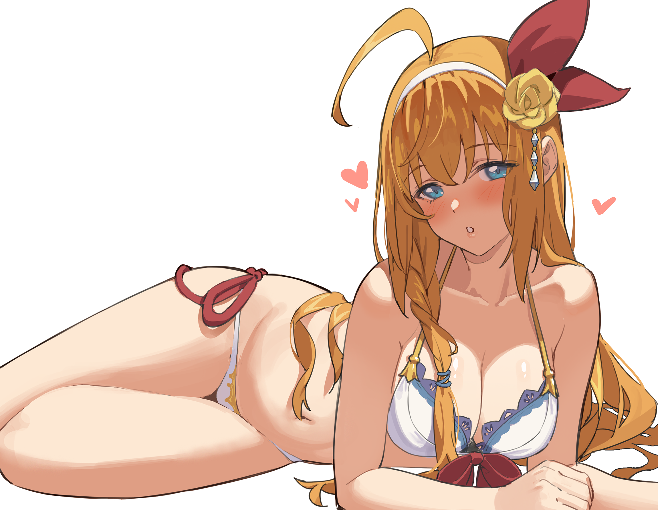 1girls, 2020, ahoge, alternate version available, bare shoulders, bikini, blue eyes, blush, breasts, cleavage, collarbone, eyebrows visible through hair, female, female focus, female only, hair between eyes, hairband, halterneck, heart, highres, icarus (632247131), large breasts, long hair, looking at viewer, midriff, navel, orange hair, pecorine, princess connect!, princess connect! re:dive, side-tie bikini, simple background, solo, solo female, stomach, string bikini, swimsuit, white background