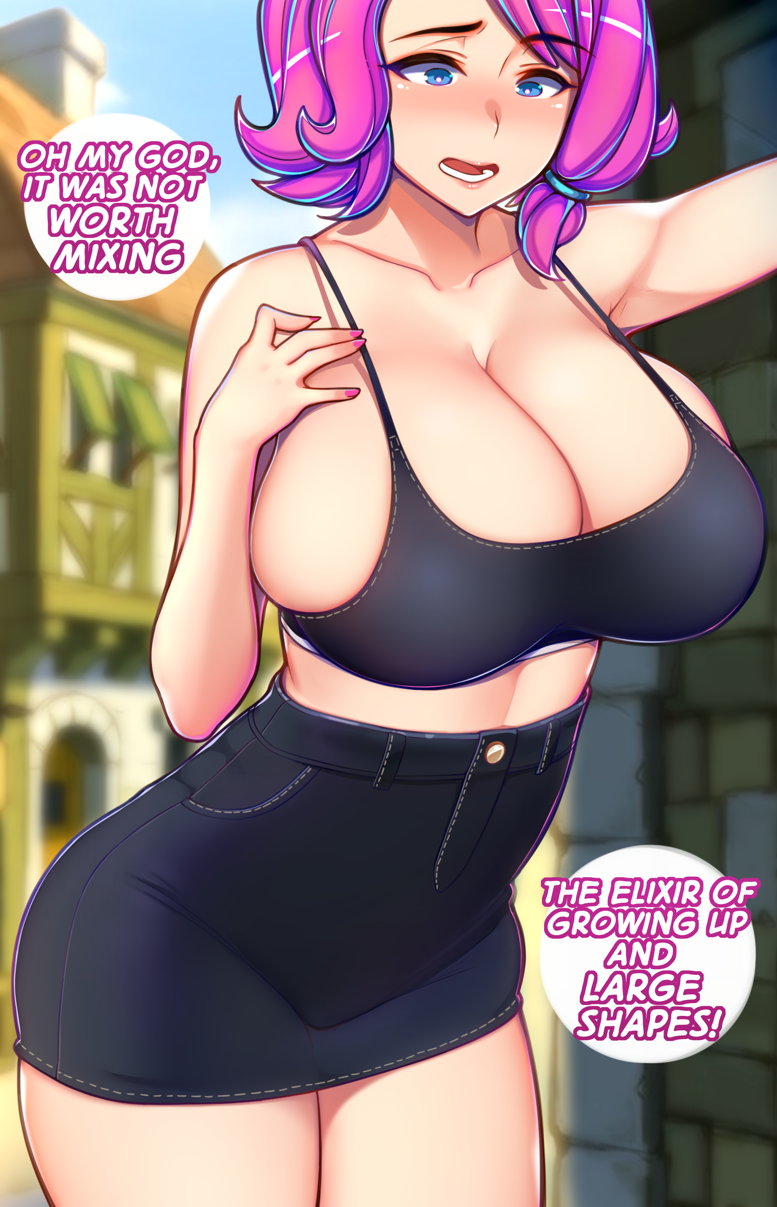 1girls, alternate breast size, big breasts, blue eyes, blush, breast expansion, breast growth, breast growth (enlargement), breasts, dialogue, english text, expansion, female, female only, huge breasts, ikkimay, large breasts, light skin, light-skinned female, maeve (paladins), paladins, pale skin, pale-skinned female, pink hair, short hair, solo, solo female, tagme, text, thighs