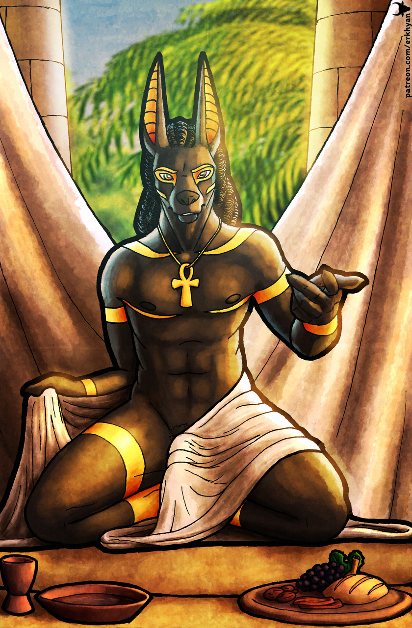 abs ankh anthro anubian_jackal anubis canid canine canis clothed clothing deity egyptian_mythology erection erection_under_clothing erkhyan food hi_res jackal male mammal middle_eastern_mythology mythology nipples pubes solo topless