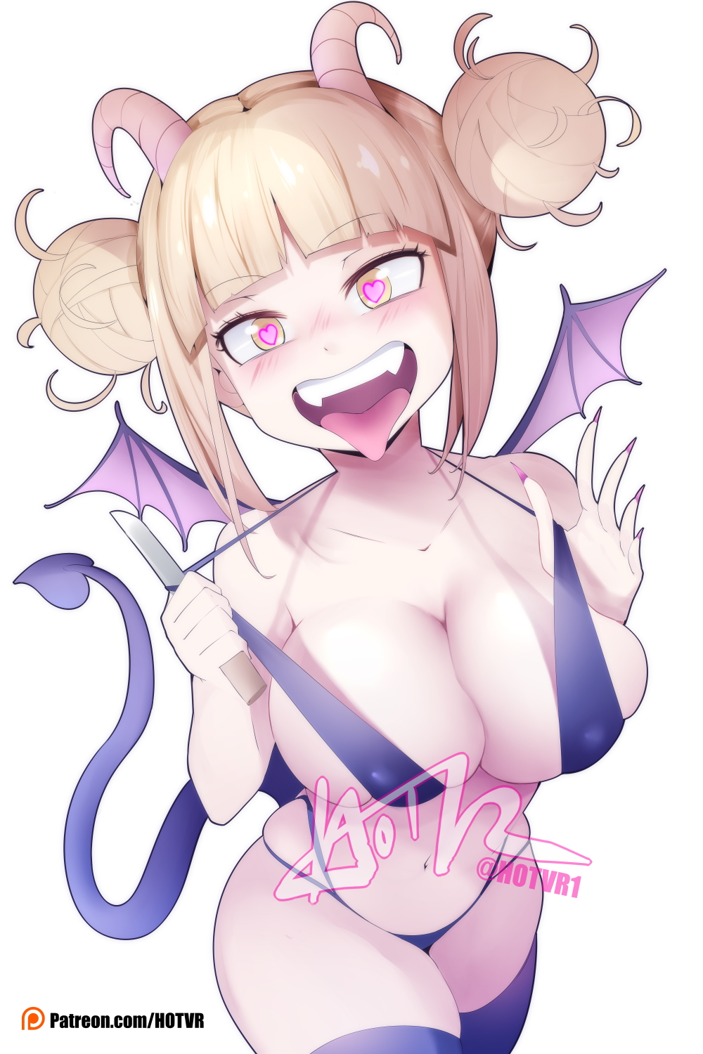 1girls bangs bikini_pull blonde_hair blush demon demon_girl demon_horns demon_tail demon_wings double_bun fangs hair_bun heart heart-shaped_pupils himiko_toga hotvr knife large_breasts leggings long_fingernails looking_at_viewer messy_bun my_hero_academia navel open_mouth purple_bikini sharp_fingernails sharp_teeth simple_background sling_bikini smile solo spiky_hair standing succubus tongue weapon white_background yellow_eyes