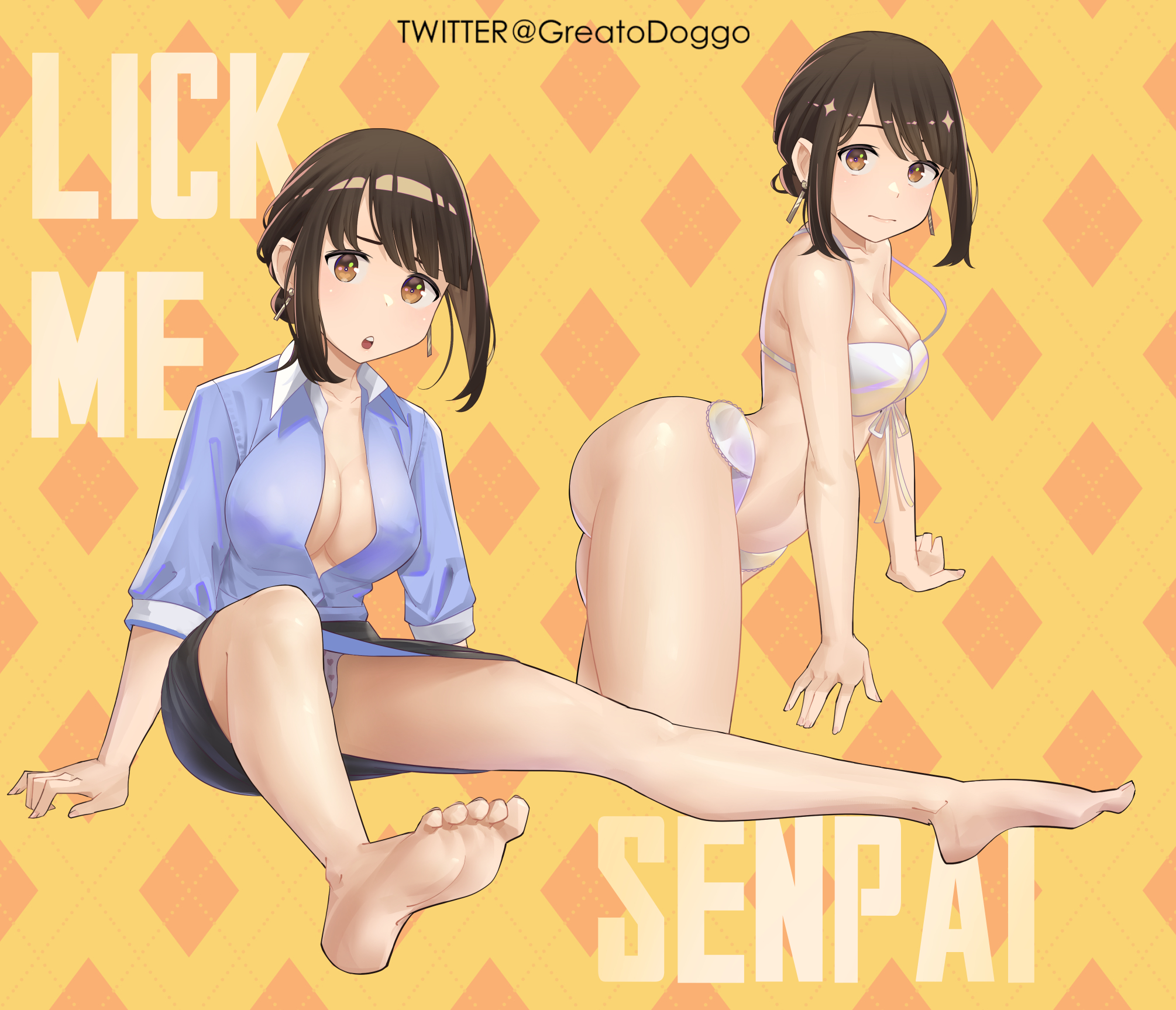 1girls, ass, breasts, douki-chan (douki-chan), eye contact, feet, female, ganbare douki-chan, greatodoggo, looking at viewer, revealing clothes, solo, text, thick thighs, thighs, tied hair