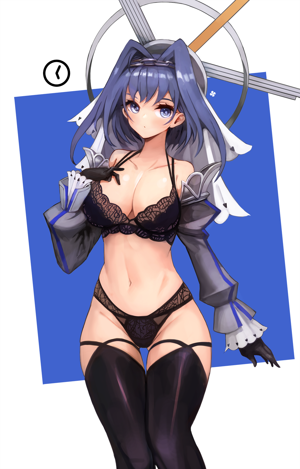 1girls 2021 bangs black_bra black_gloves black_legwear black_panties blue_eyes blue_hair bra breasts cleavage clock_hands closed_mouth collarbone detached_sleeves female female_only gloves hair_intakes head_chain highres hololive hololive_english hololive_english_-council- hololive_english_-promise- lace-trimmed_bra lace-trimmed_panties lace_trim large_breasts lingerie looking_at_viewer mechanical_halo navel notte_(artist) ouro_kronii panties short_hair solo thigh_gap thighhighs underwear underwear_only veil virtual_youtuber