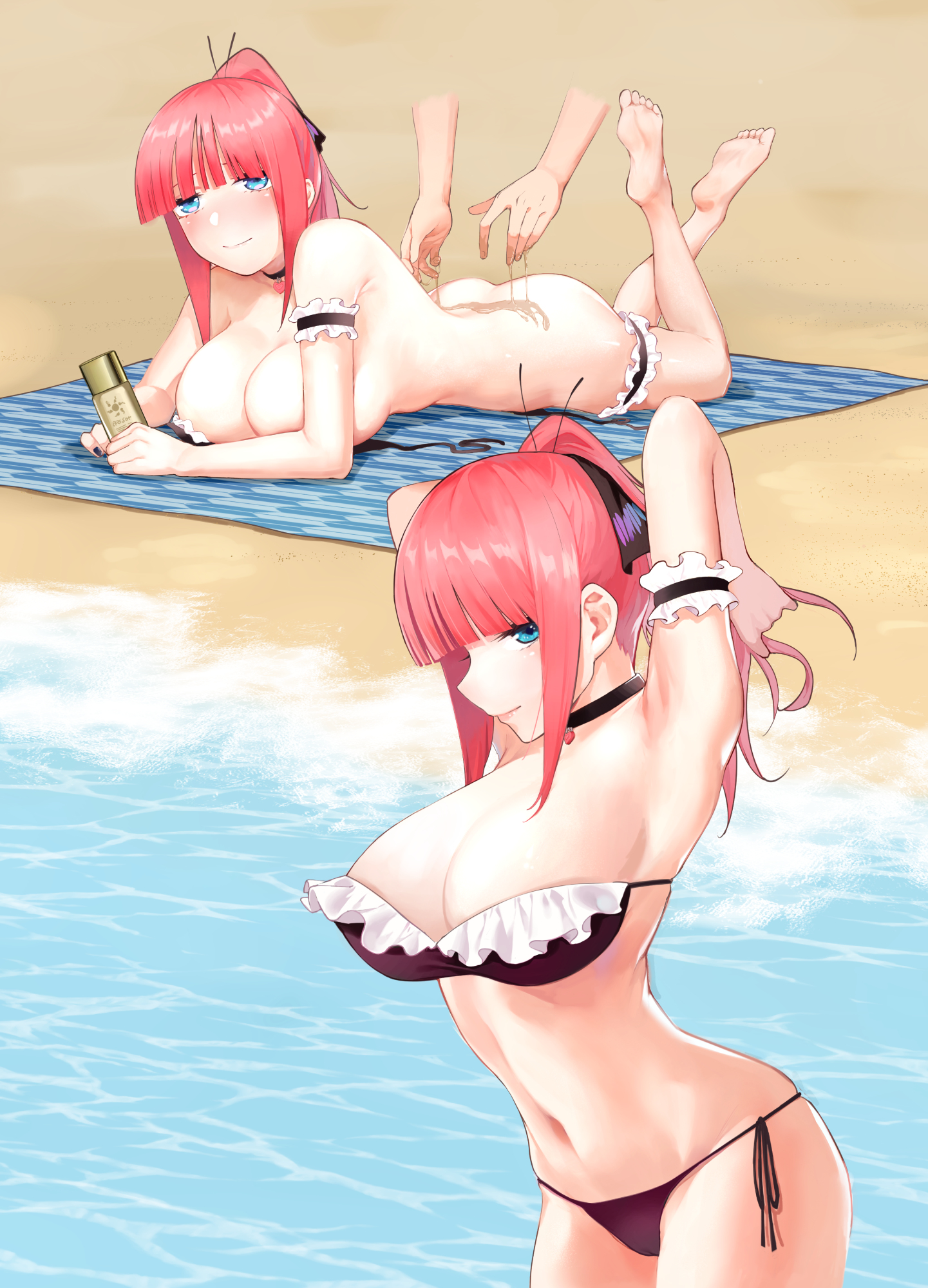 adjusting hair, alternate hair length, alternate hairstyle, arms up, ass, bare arms, bare ass, bare legs, bare shoulders, barefoot, beach, beach towel, big breasts, bikini, bikini top, blunt bangs, blush, bottomless, breasts, butterfly hair ornament, choker, cleavage, close-up, convenient arm, curvaceous, curvy, curvy body, curvy female, curvy figure, disembodied hands, feet up, female, female focus, functionally nude, go-toubun no hanayome, hand on hair, holding object, kosmos beta, leg lift, leg up, light skin, light-skinned female, looking at viewer, lying, lying on stomach, mostly nude, multiple views, nakano nino, ocean, offscreen character, on stomach, outdoors, pendant, pink hair, ponytail, pouring, revealing swimsuit, sand, shiny, shiny hair, shiny skin, shore, side-tie bikini, sidelocks, skindentation, slim waist, smile, standing, strapless, strapless bikini, stretching, sunscreen, swimsuit, tied hair, touching hair, untied bikini, water