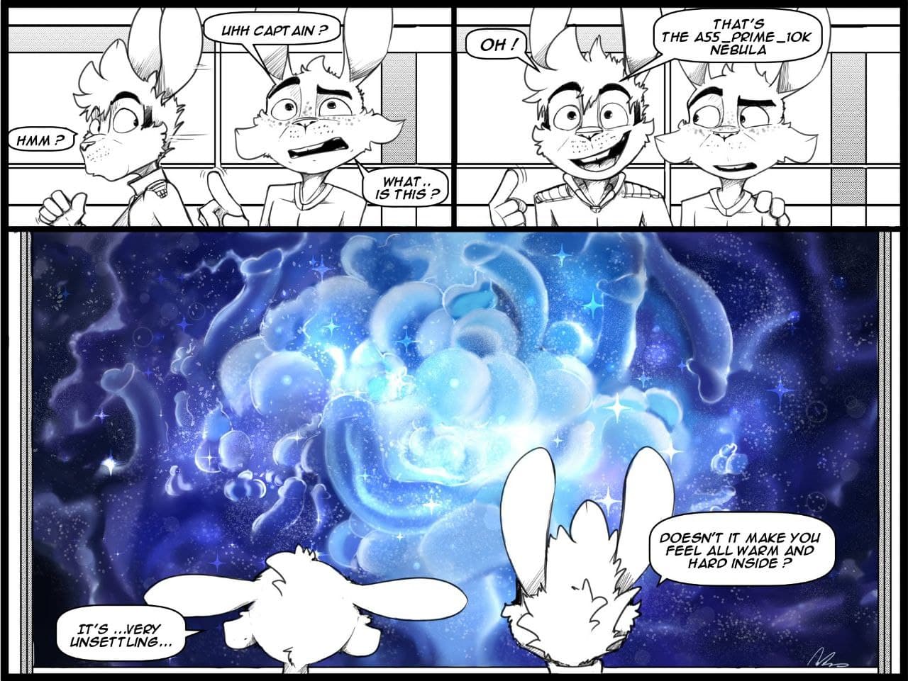 5_fingers ass clothed clothing comic dialogue fingers genitals gesture hair inoby lagomorph leporid male male/male mammal nebula penis pointing rabbit space spacebunz star text