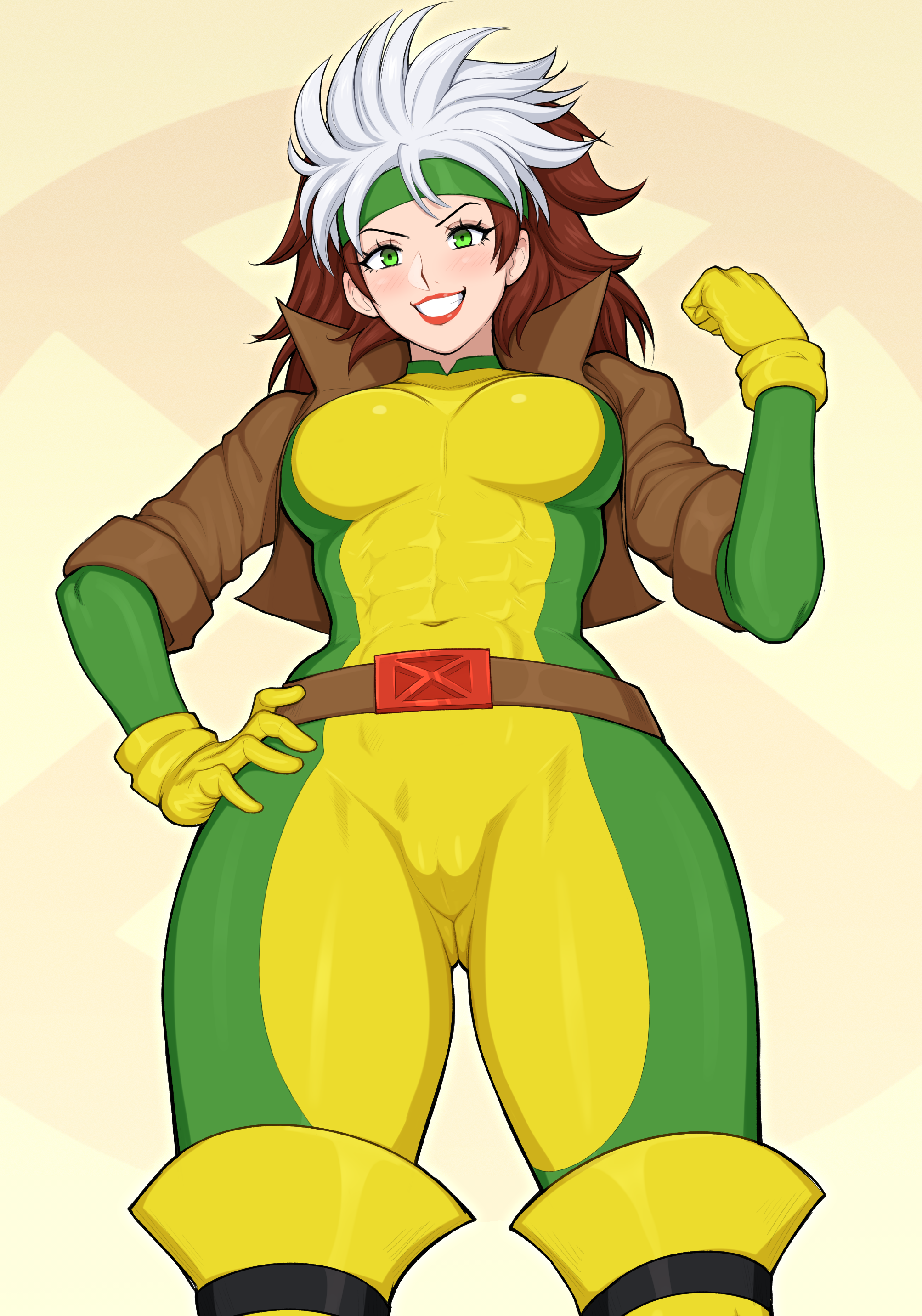 1girls, absurd res, afrobull, anna marie, athletic, athletic female, below view, brown hair, cameltoe, female, female only, fit, fit female, green eyes, hi res, lipstick, looking at viewer, looking down, low-angle view, makeup, marvel, marvel comics, multicolored hair, muscular, muscular female, pussy, rogue (x-men), skin tight, solo, two-tone hair, viewed from below, white hair, x-men
