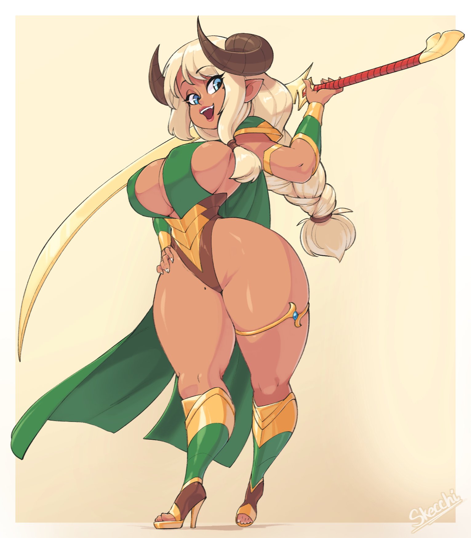 1girls, armwear, blonde hair, blue eyes, braid, cape, female, female only, heel boots, heels, hi res, high heel boots, high heels, horns, kait (skecchiart), leglet, light skin, light-skinned female, long hair, looking at viewer, mole, mole on thigh, open mouth, pink lips, pointy ears, skecchiart, skimpy armor, skimpy clothes, solo, solo female, sword, thick thighs, toeless boots, weapon