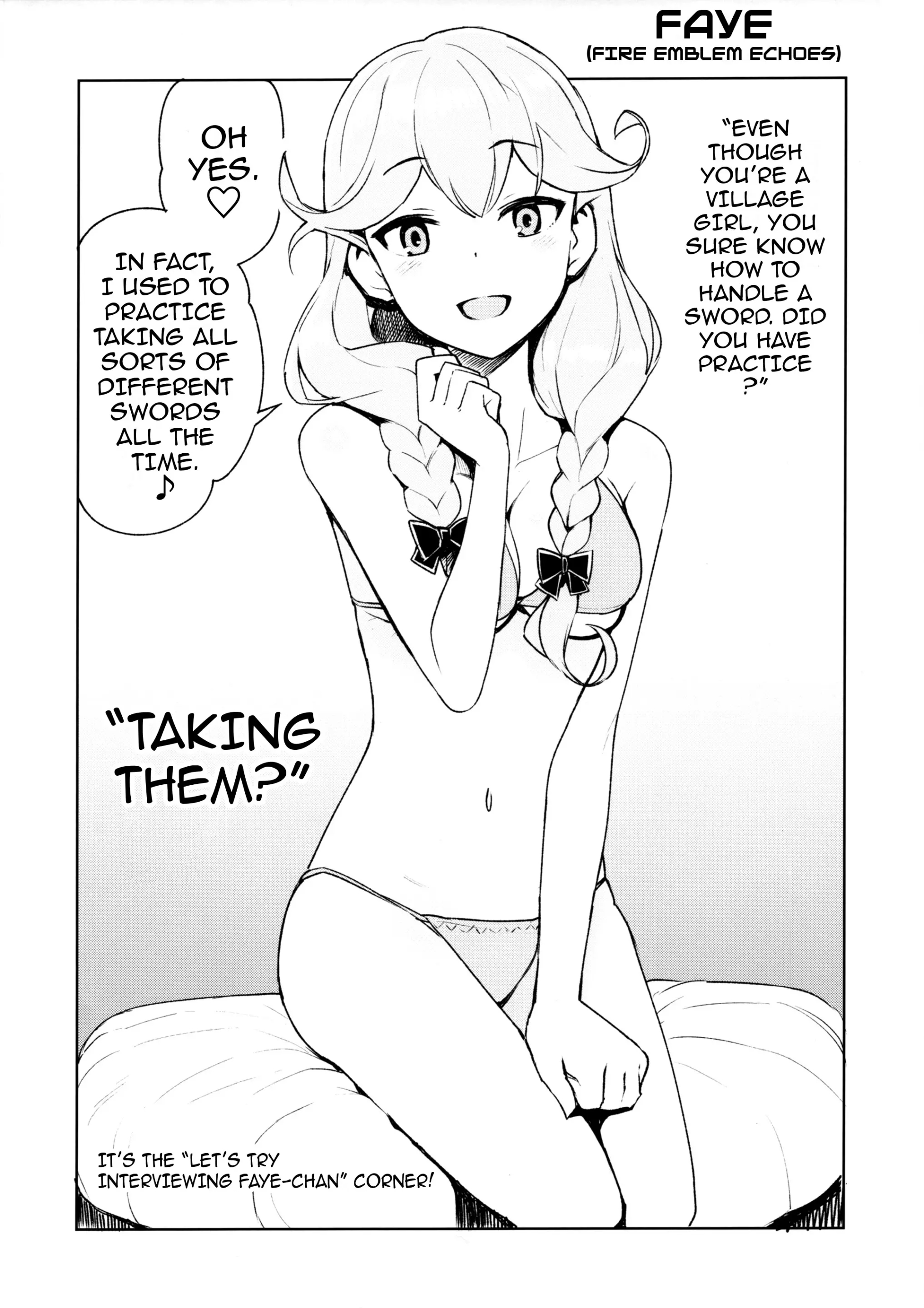 :d, 1girls, absurdres, bow, bra, braid, dialogue, english text, faye (fire emblem), female, fire emblem, fire emblem echoes: shadows of valentia, greyscale, highres, innuendo, interview, long hair, low-braided long hair, monochrome, nintendo, open mouth, panties, sitting, smile, solo, tamagoro, text, twin braids, underwear, underwear only